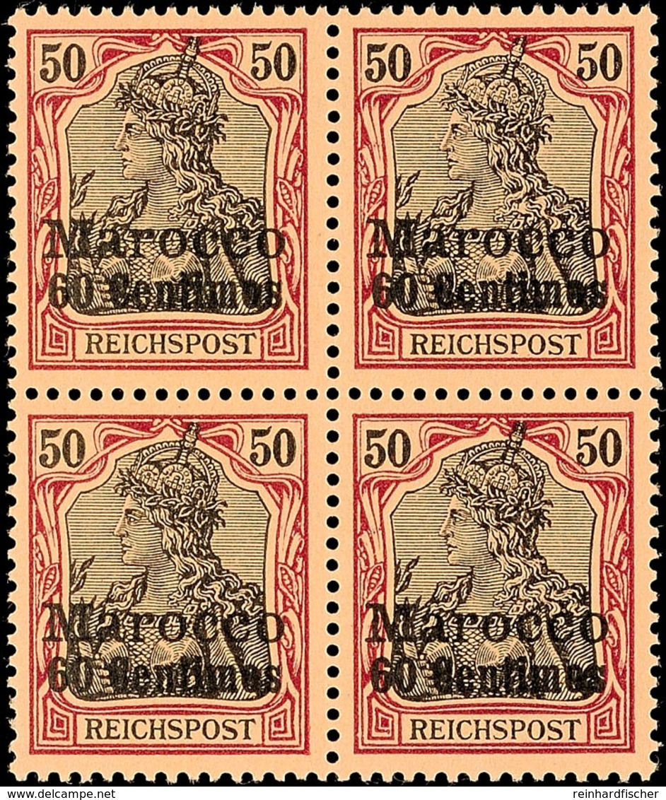 60 C Auf 50 Pf., Postfrischer Viererblock, Gepr. Bothe BPP, Mi. 260.-, Katalog: 14(4) ** - Deutsche Post In Marokko