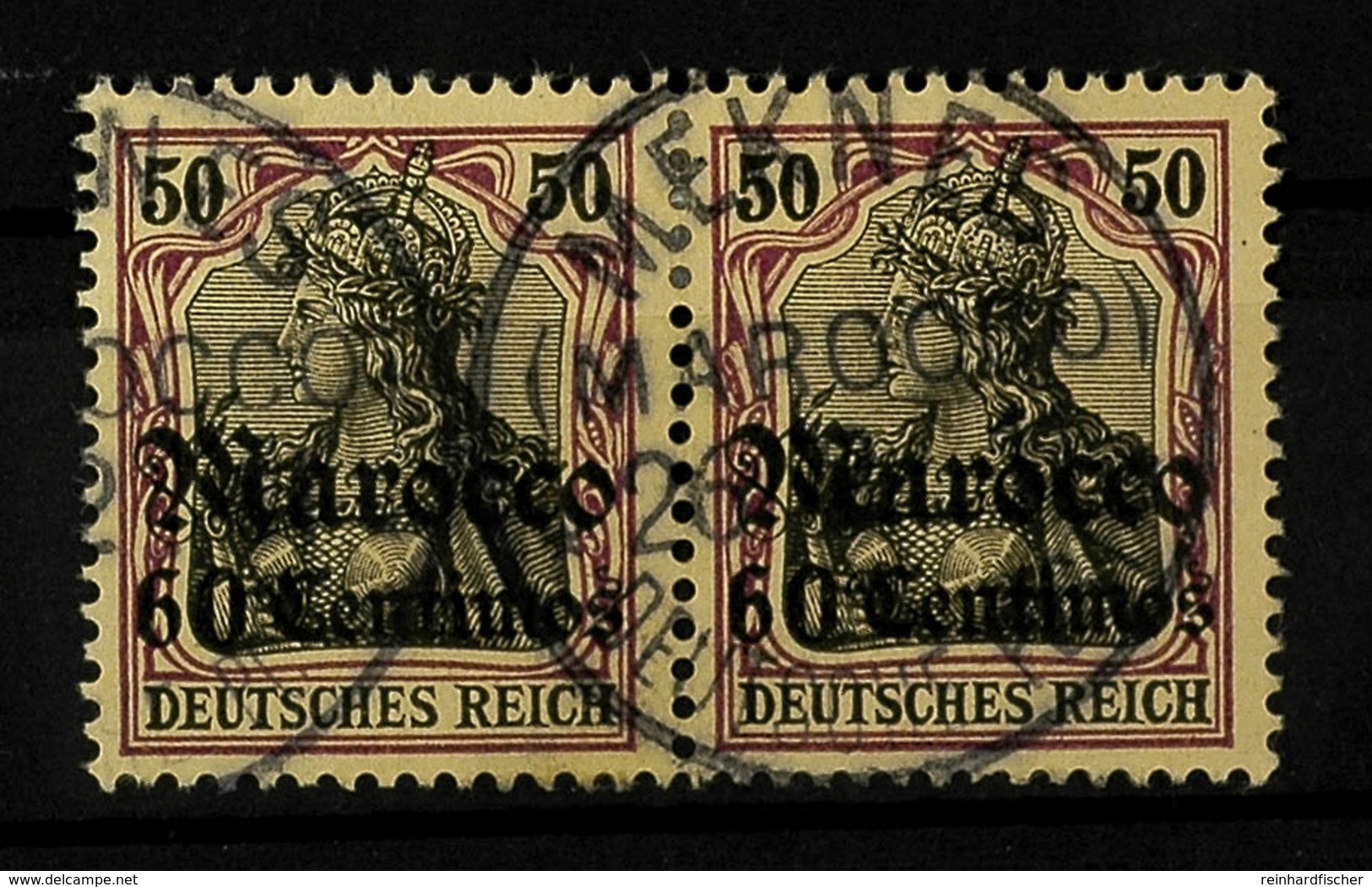 60 C. Auf 50 Pfg Germania Ohne Wz., Waagerechtes Kabinettpaar Mit Klarem K1 MEKNES (MAROCCO), Katalog: 28(2) O - Deutsche Post In Marokko