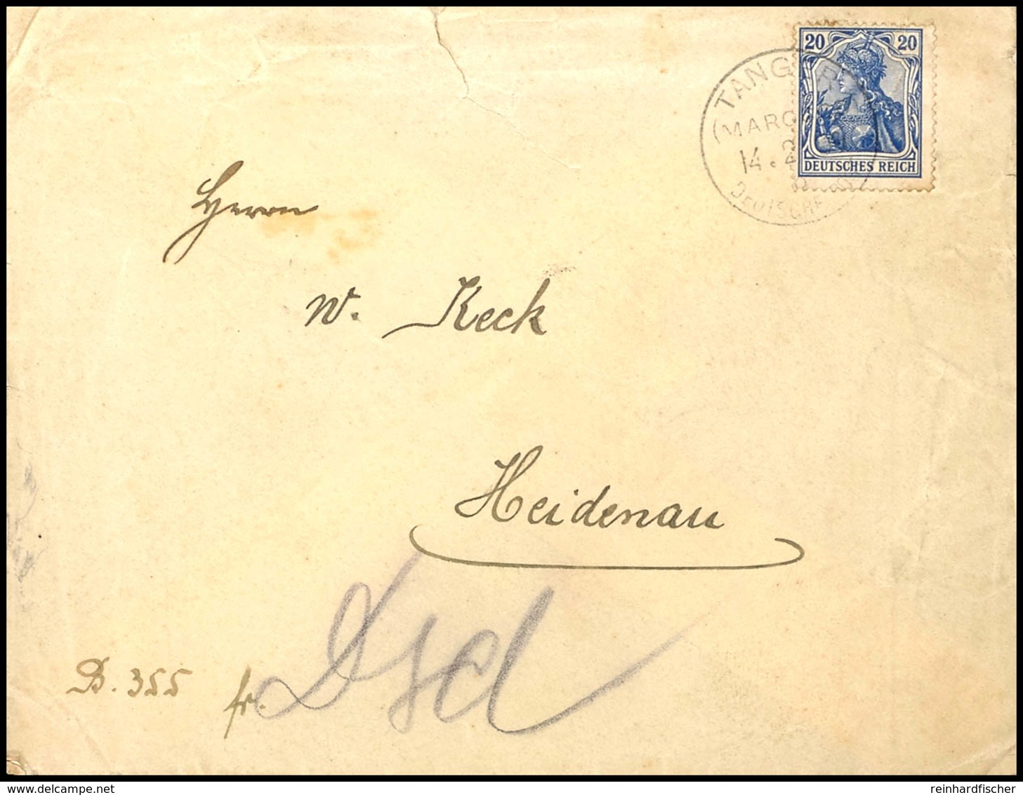 20 Pfg. Blau Germania Als Mitläufer - Einzelfrankatur Ab Tanger Vom 14.2.1909 Nach Heidenau, Rs. Absendersiegel Der "Kai - Deutsche Post In Marokko