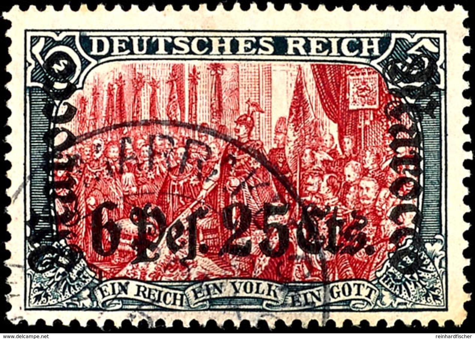 6 Pes. 25 Cts. Auf 5 Mark Deutsches Reich Mit Wasserzeichen Gestempelt MARRAKESCH, Geprüft Steuer VÖB, Mi. 400,-, Katalo - Deutsche Post In Marokko