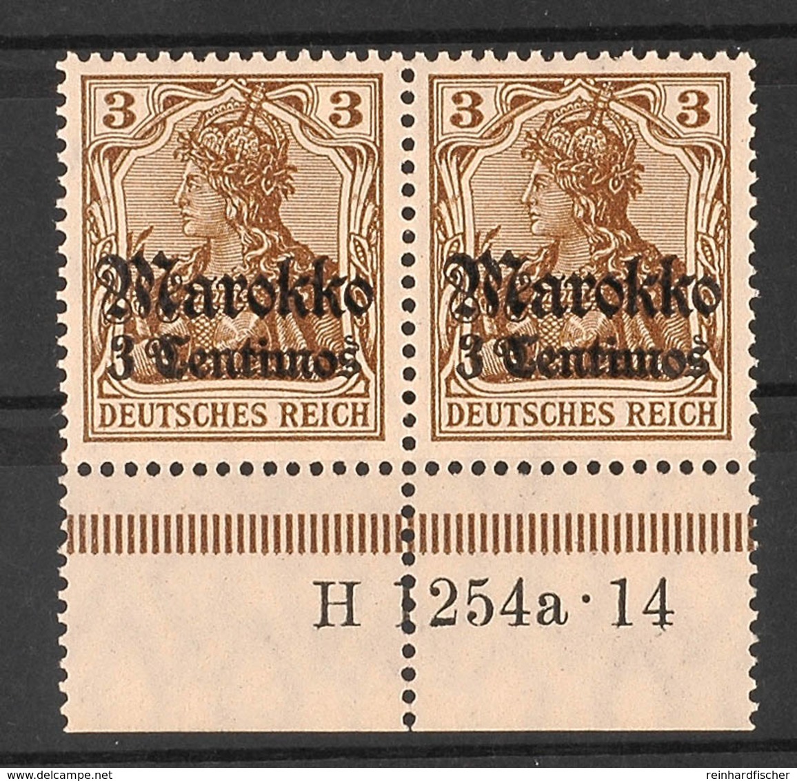 3 C. Auf 3 Pfg Germania Mit Wasserzeichen, Postfrisches Kabinettpaar Mit Unterrand (angetrennt) Und HAN "H 1254a 14", Ka - Deutsche Post In Marokko