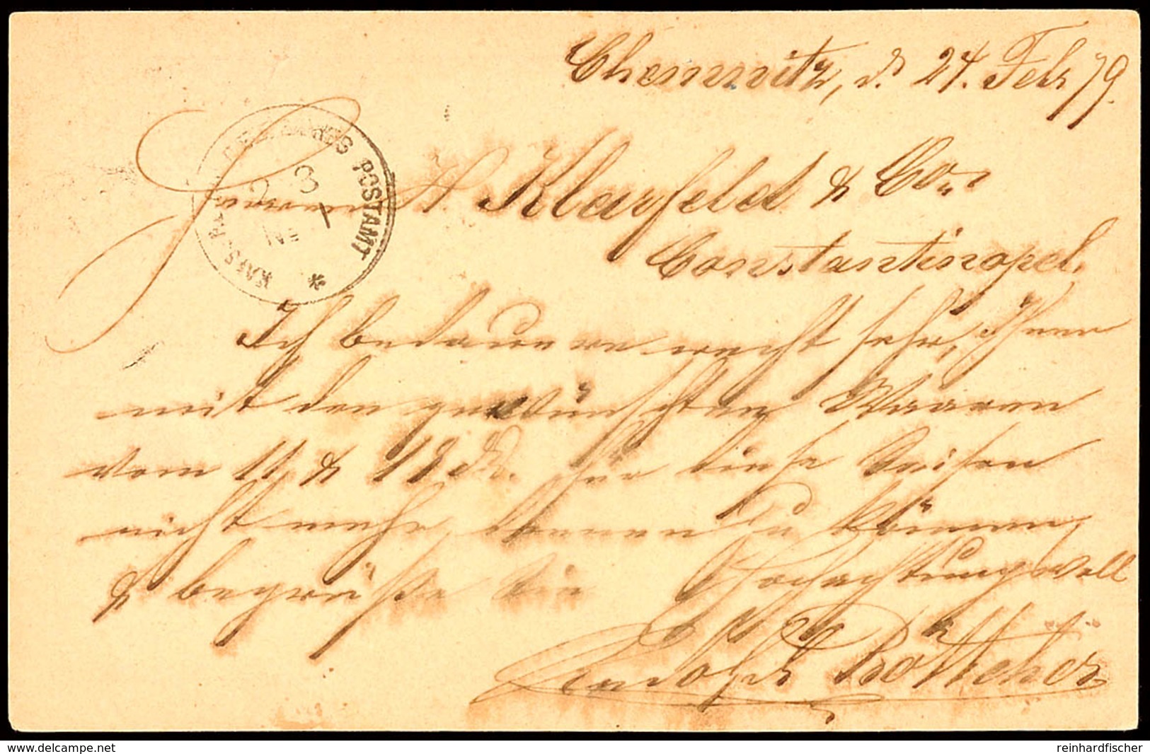 KAISERLICH DEUTSCHES POSTAMT No. 1 * 2 3 (1879) - K1, Rücks. Als Ankunftsstempel Auf GS-Postkarte 10 Pfg Aus "CHEMNITZ I - Turquie (bureaux)