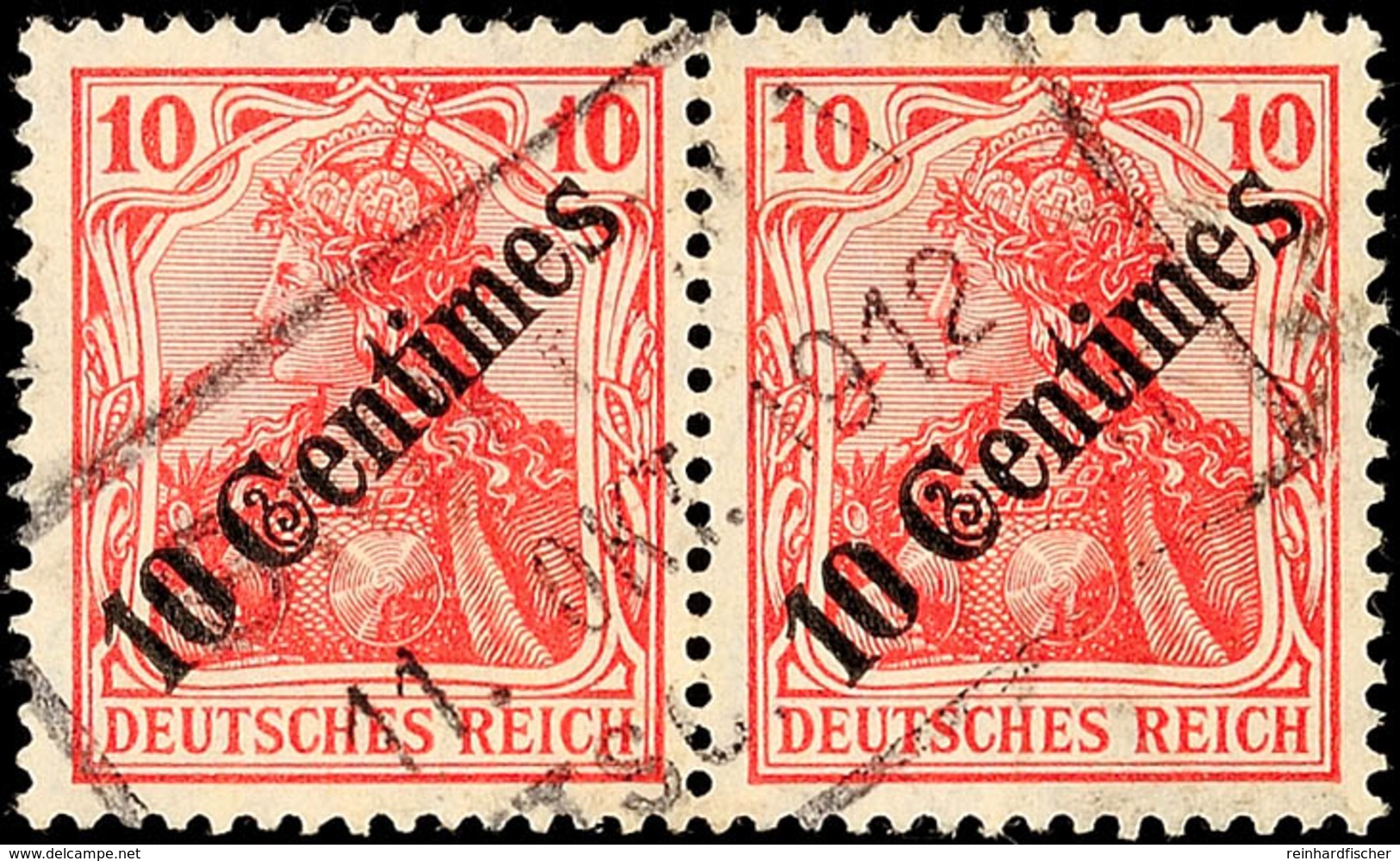 SMYRNA 11.OKT.1912, Arge Type 6 Ohne Sterne, Sog. Rosinenstempel Klar Auf Paar 10 C. Auf 10 Pf. Germania, ARGE 150,-, Ka - Deutsche Post In Der Türkei