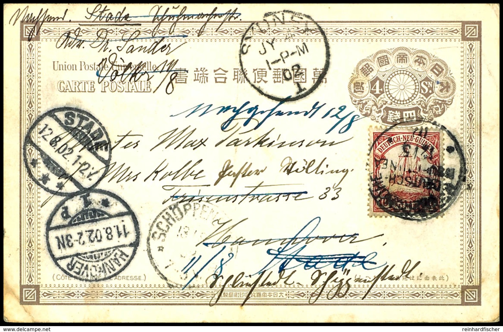 1902, Japanische Postkarte Zu 5 Sn, Frankiert Mit 10 Pfg Kaiseryacht, Stempel HERBERTSHÖHE 12/5 02, Zunächst über Sydney - Sonstige & Ohne Zuordnung
