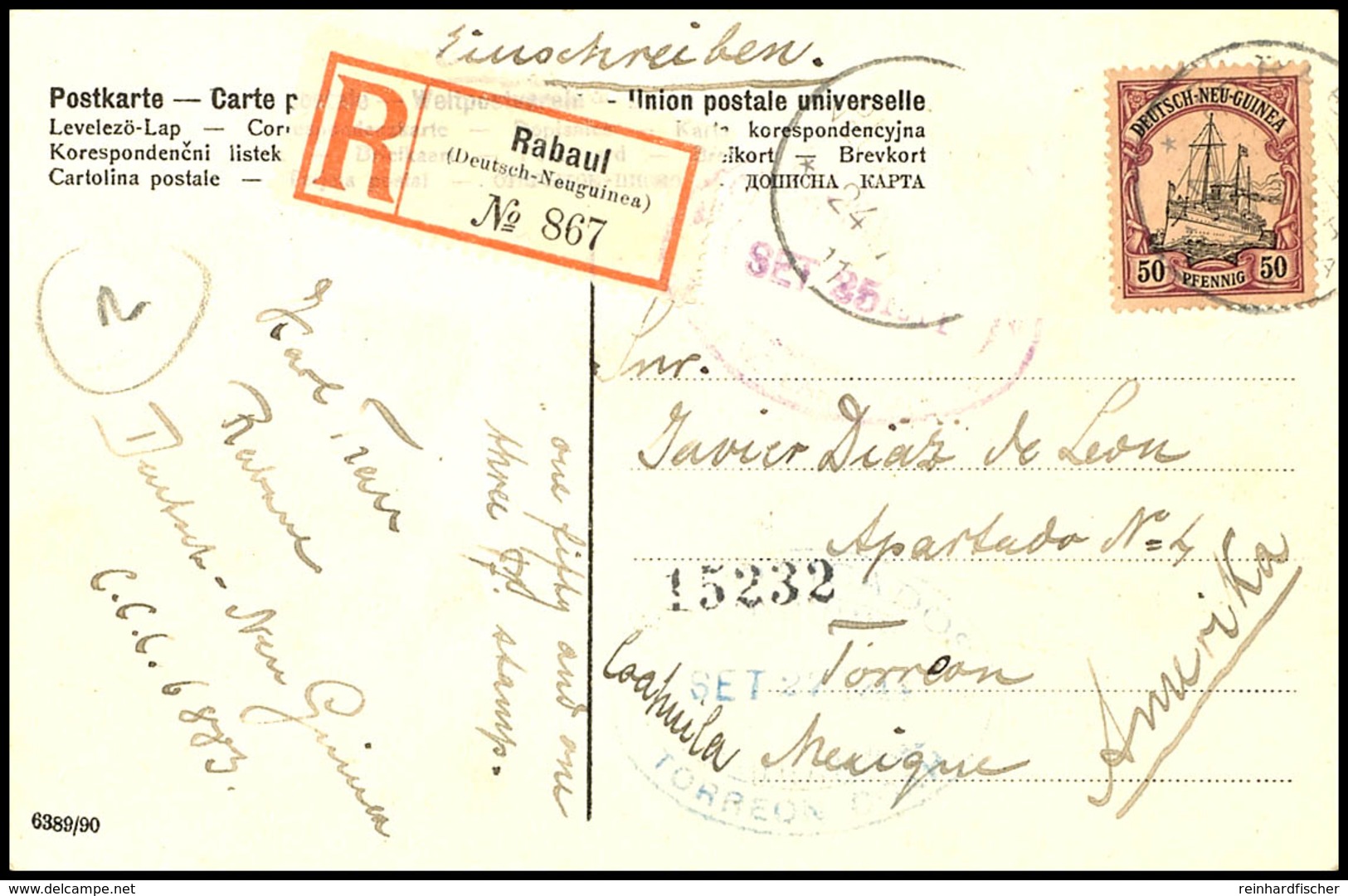 1911, 50 Pfg Kaiseryacht (eine 3 Pfg Kaiseryacht Ist Abgefallen) Auf Eingeschriebener AK "Kaiserliches Gouvernementsgebä - Sonstige & Ohne Zuordnung