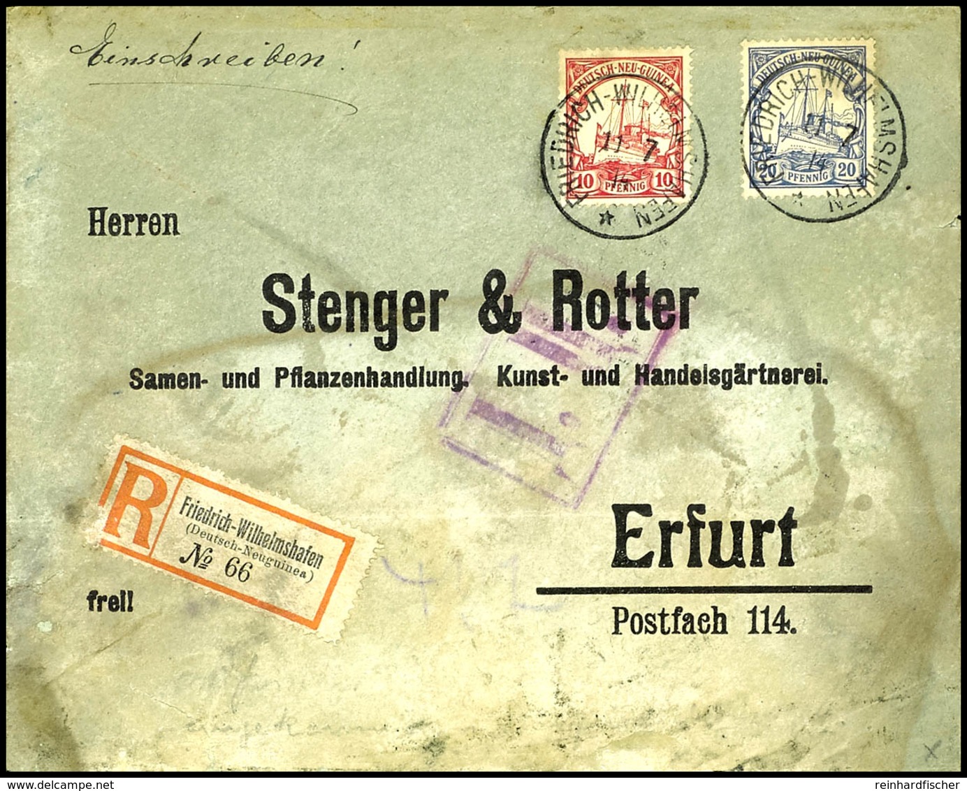1914, 10 Pfg Und 20 Pfg Auf Einschreibebrief, Stempel FRIEDRICH-WILHELMSHAFEN 11/7/14 Nach Erfurt. Vorderseitig Russisch - Sonstige & Ohne Zuordnung