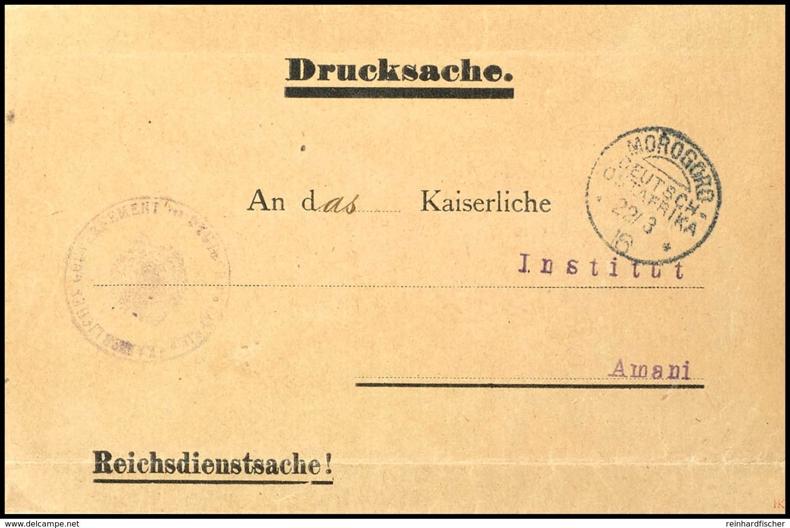 1916, Portofreie Reichsdienstsache In Form Einer Drucksachen-Streifbandadresse, Mit Stempel "MOROGORO DOA 22/3 16" (groß - África Oriental Alemana