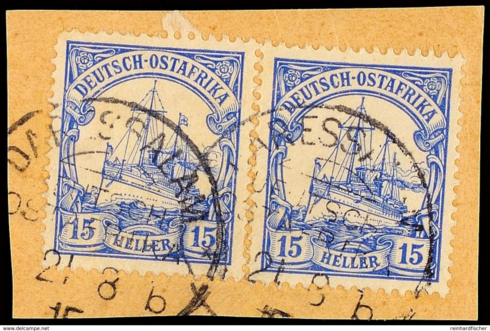 DARESSALAM, 2 Stück Der 15 Heller Auf Briefstück Mit  2  Mal Stempel 6 (Buchstabe 6), Vom 21.8.15, Linke Marke Mit Kurze - Deutsch-Ostafrika