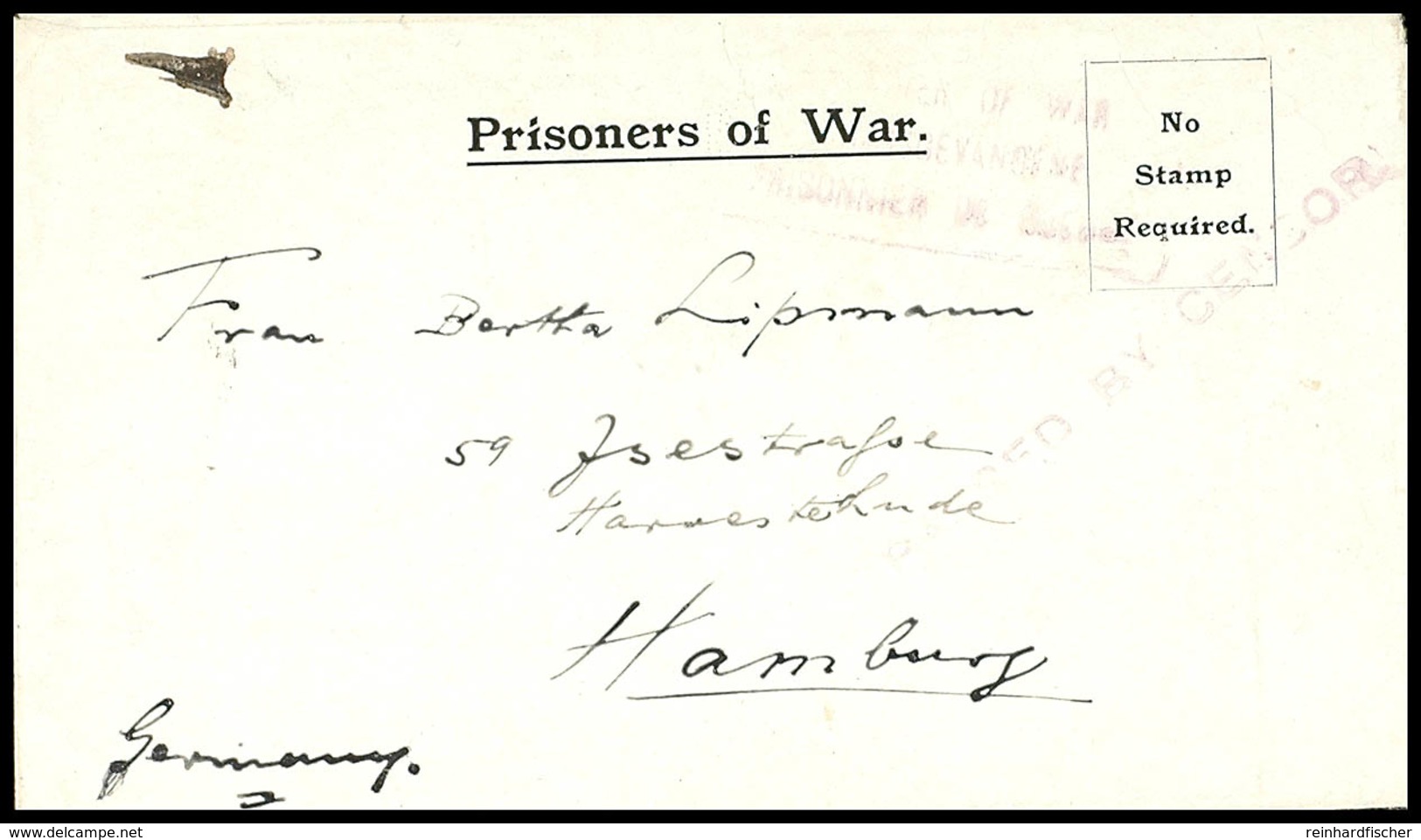 1915 (ca.), KGF-Vordruckbrief Mit Schwachem Lagerstempel Und Zensurstempel Nach Hamburg, Rückseitig Datiert Camp I 6A Fo - German South West Africa