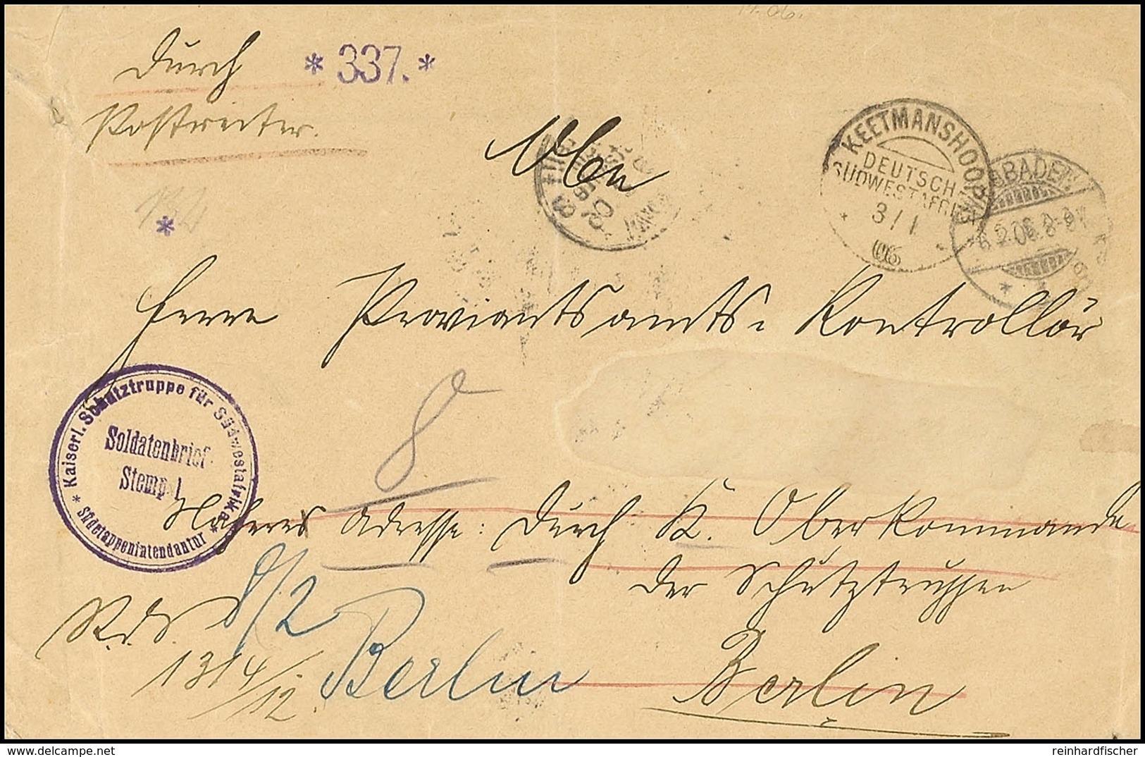 KEETMANSHOOP DSWA 3.1.06, Klar Auf Feldpostbrief Mit Briefstempel Und Hsl. Vermerk "Durch Postreiter" Nach Berlin Mit Na - German South West Africa