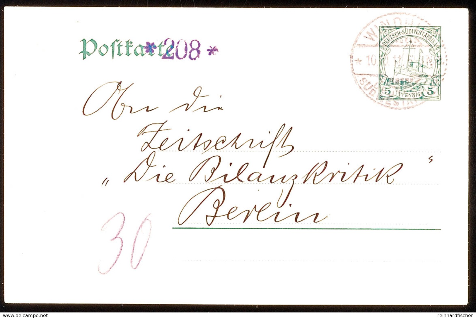 WINDHUK A 10 10 11 Klar Auf GA-Karte 5 Pf. Kaiseryacht Nach Berlin, Katalog: P18 BF - Duits-Zuidwest-Afrika