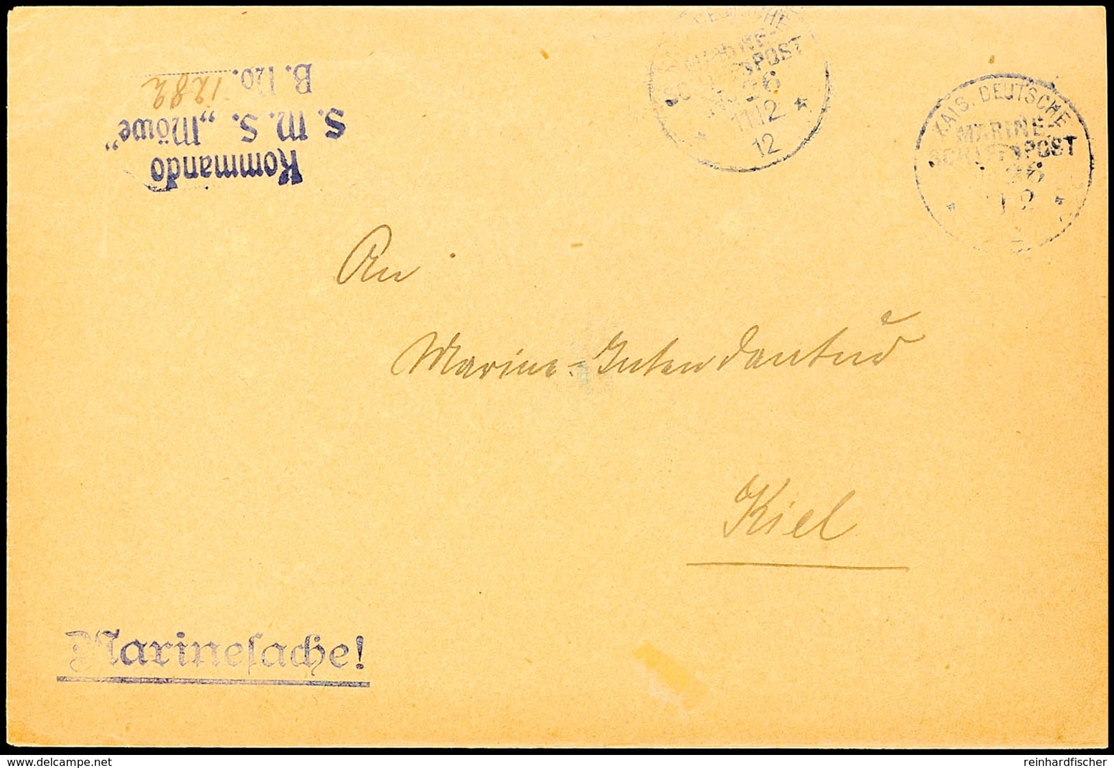 MSP No 26 11/2 12, Dienstbrief "Marinesache"  Absender Kommando S.M.S. Möwe Nach Kiel, ARGE 150,-  BF - Deutsch-Südwestafrika
