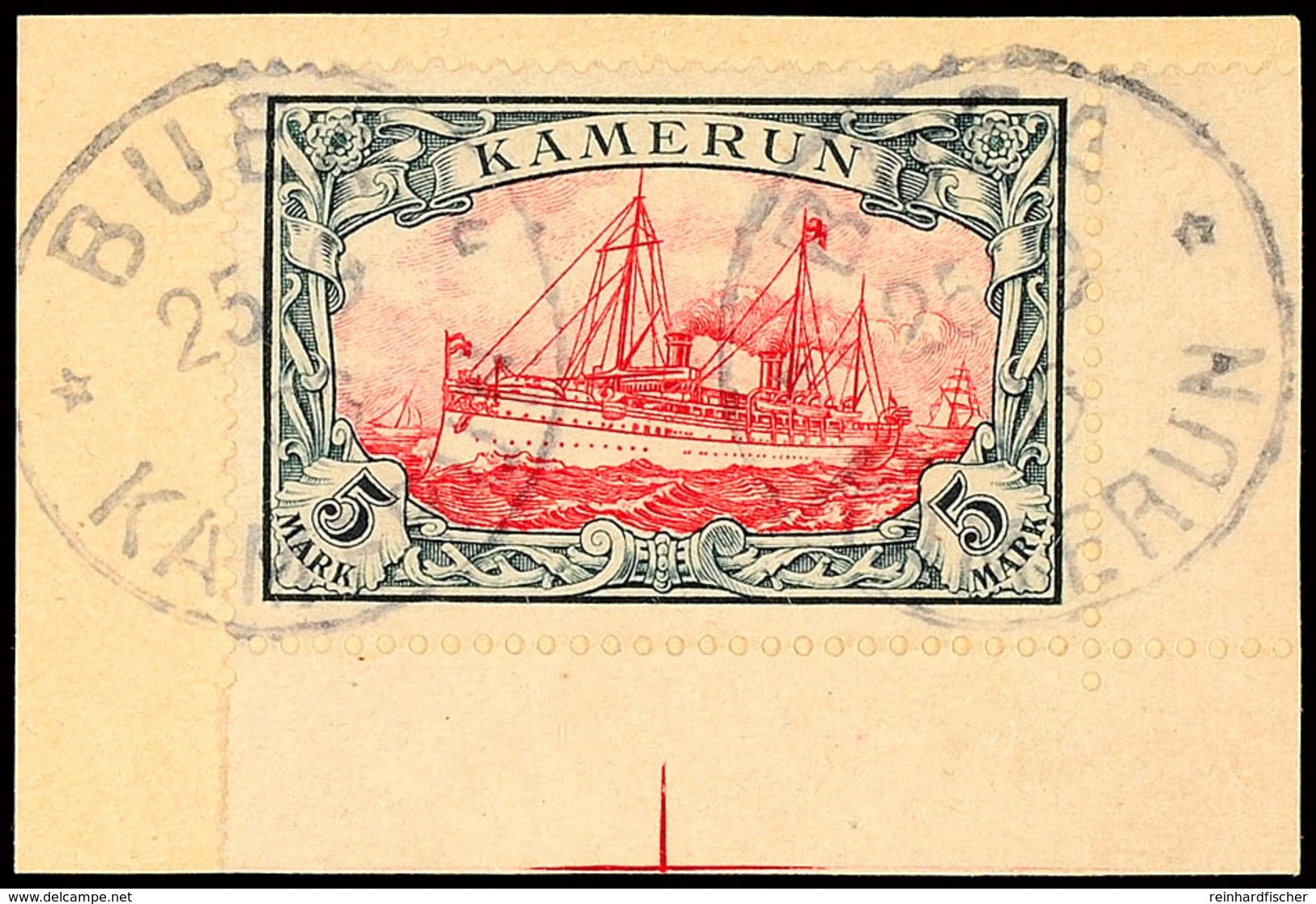 5 Mark Kaiseryacht, Rechte Untere Bogenecke Auf Briefstück, Klar 2 Mal Gestempelt BUEA 25.9.09, Mi. 600.-, Katalog: 19 B - Camerun