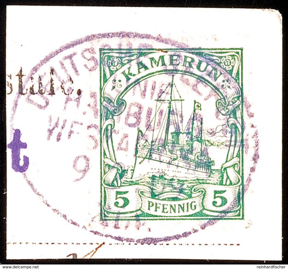 DEUTSCHE SEEPOST LINIE HAMBURG-WESTAFRIKA 9 2 09 Zentrisch Auf Briefstück 5 Pf. Kaiseryacht, Katalog: 21 BS - Kamerun