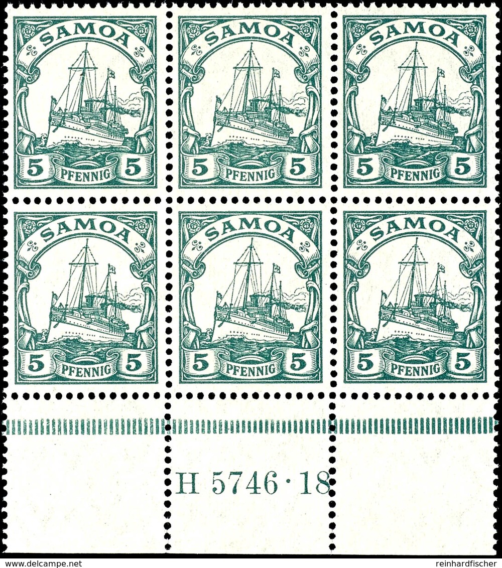 5 Pfg. Kaiseryacht, Waagerechter 6er -Block Vom Bogenunterrand Mit HAN " H 5746 . 18", Postfrisch, Katalog: 21HAN ** - Samoa