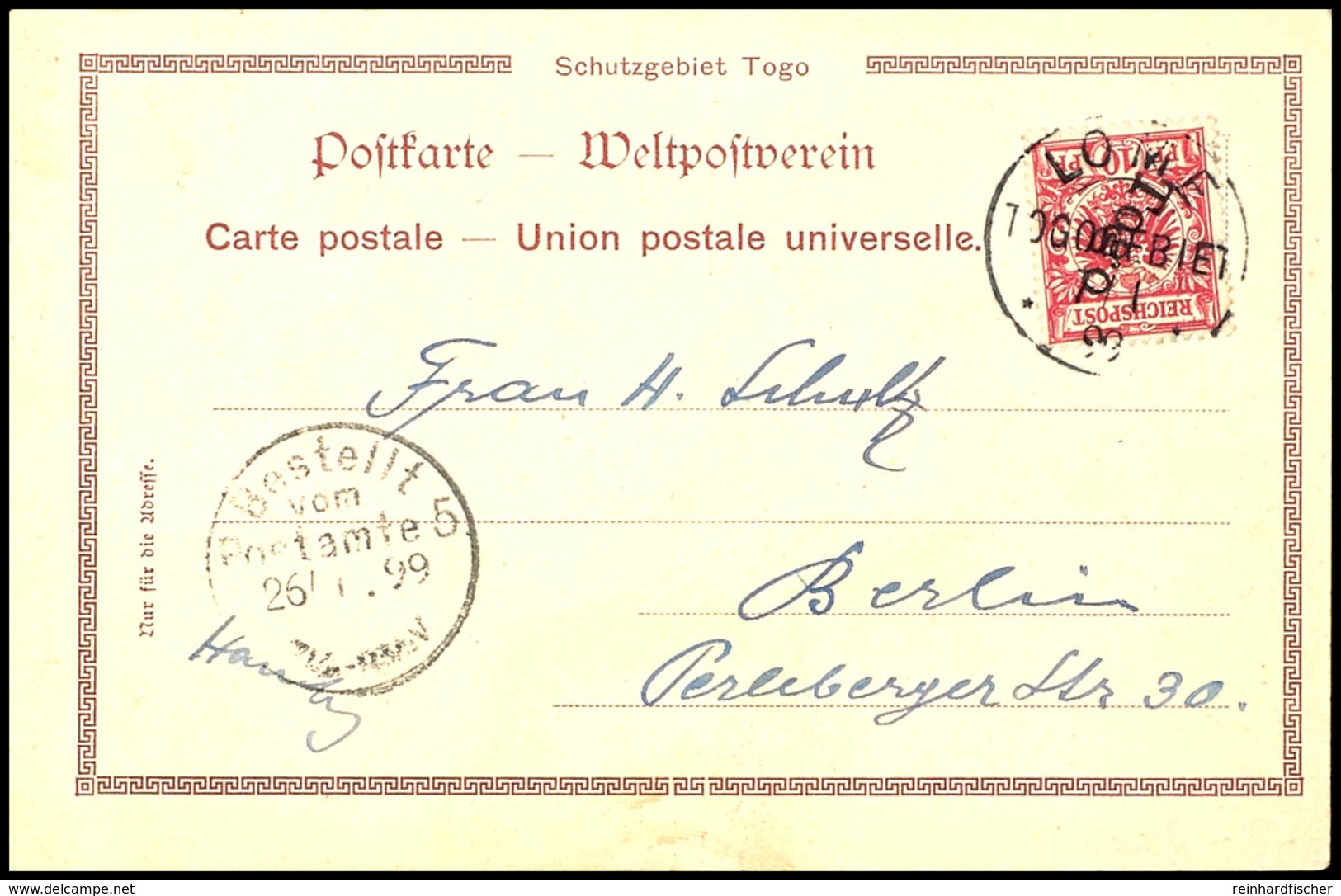 10 Pfg. Rot, Gestempelt "LOME 7/1 99" Auf Ansichtskarte Nach Berlin Mit Ankunftsstempel, Katalog: 9 BF - Togo