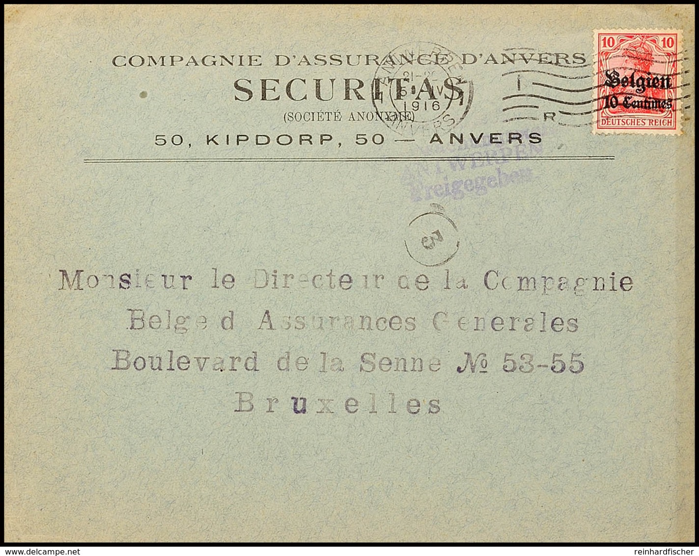 "ANTWERPEN-ANVERS 5 IV16", Fahnenstempel IR Auf Zensurbrief 10 C.  Nach Brüssel, Katalog: 14 BF - 1. WK