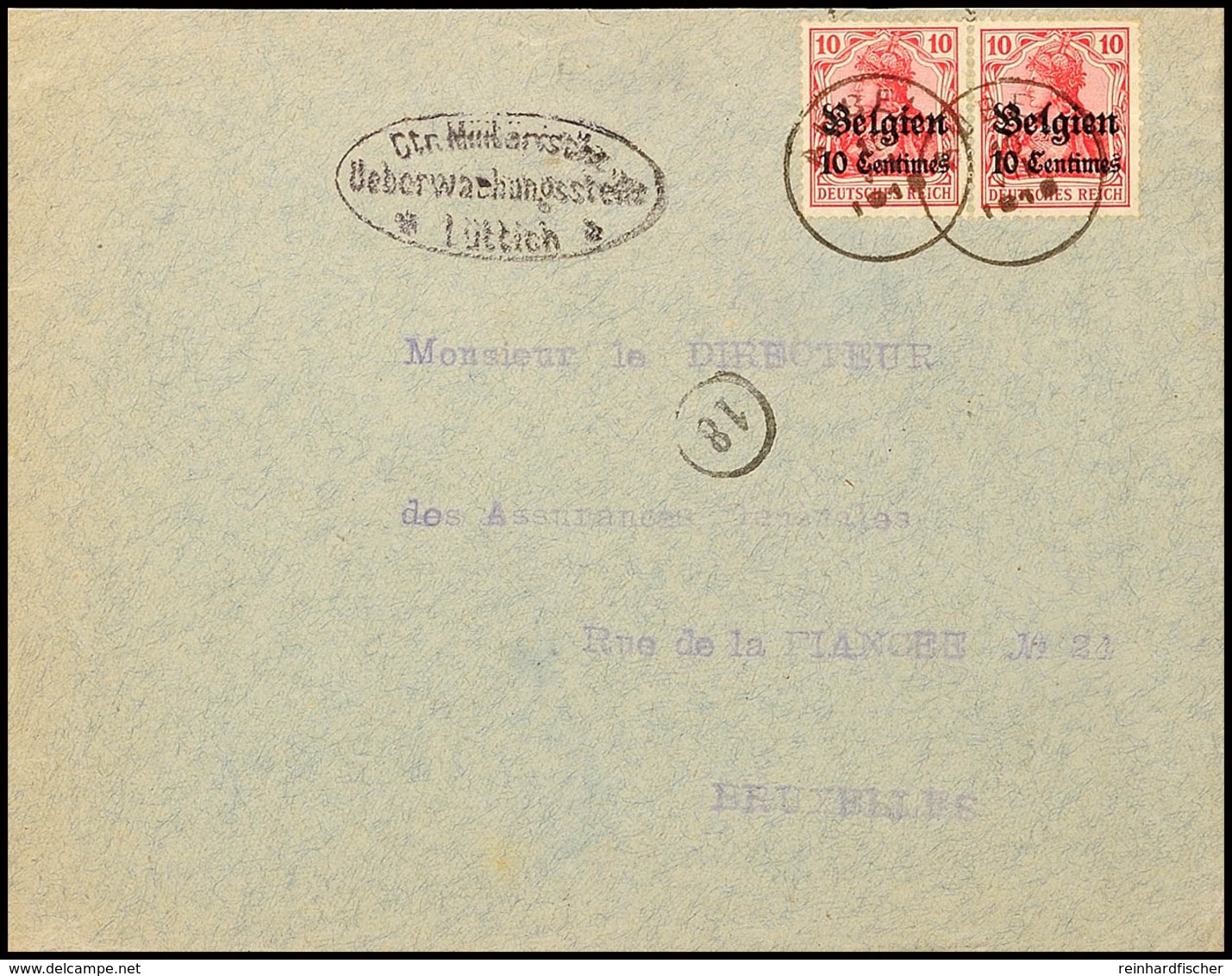 "AUBEL 10 VII 1918", Je Klar Auf Zensurbrief Paar 10 C. Nach Brüssel, Katalog: 3(2) BF - 1. WK
