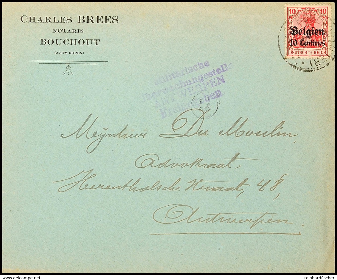"BOUCHOUT(LIER)" Auf Zensurbrief 10 C. Nach Antwerpen, Katalog: 3 BF - WWI