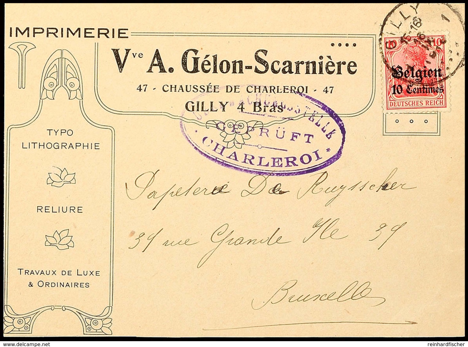 "GILLY 1 16 IV 1916", Klar Auf Zensurbriefvorderseite 10 C. Nach Brüssel, Katalog: 3 BS - 1° Guerra Mondiale