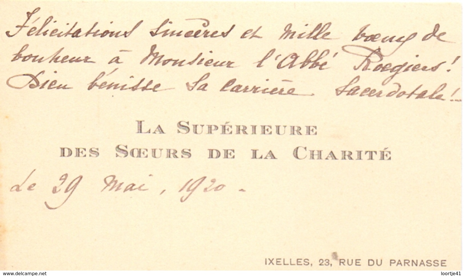 Visitekaartje - Carte Visite - La Supérieure Des Soeurs De La Charité - Ixelles - Cartes De Visite