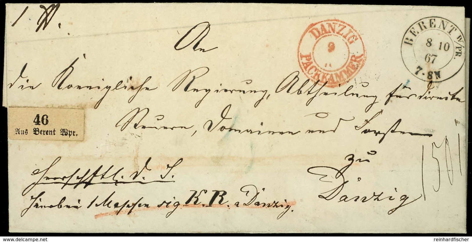DANZIG/PACKKAMMER 9/10 (1867) Roter Dkr. Vorderseitig Auf Paketbegleitbrief Aus Berent W/Pr., Rückseitig Ausgabestempel  - Other & Unclassified