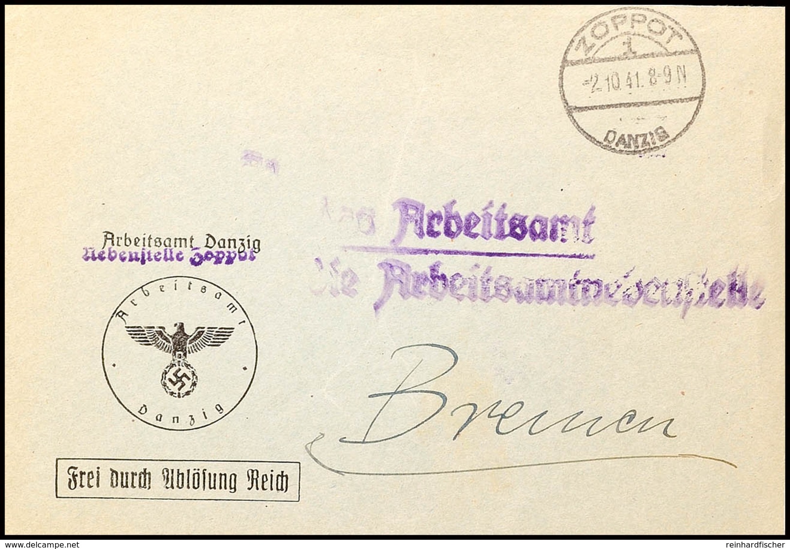 ZOPPOT DANZIG -2.10.41, Aptierter Stempel Auf Postsache Des Arbeitsamtes Danzig Nebenstelle Zoppot Mit Violettblauem L2  - Other & Unclassified