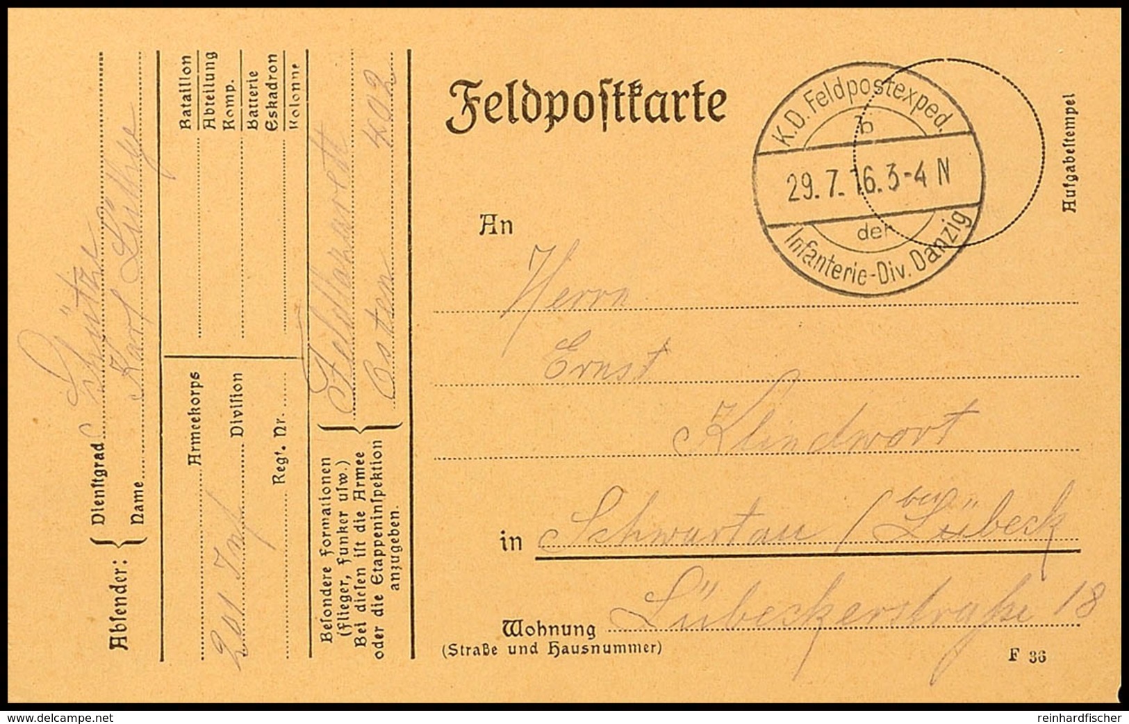 1916, Feldpostkarte Mit Herrlich Klarem Aufgabestempel "K.D. Feldpostexped. B Der Infanterie-Div. Danzig" Nach Schwartau - Sonstige & Ohne Zuordnung