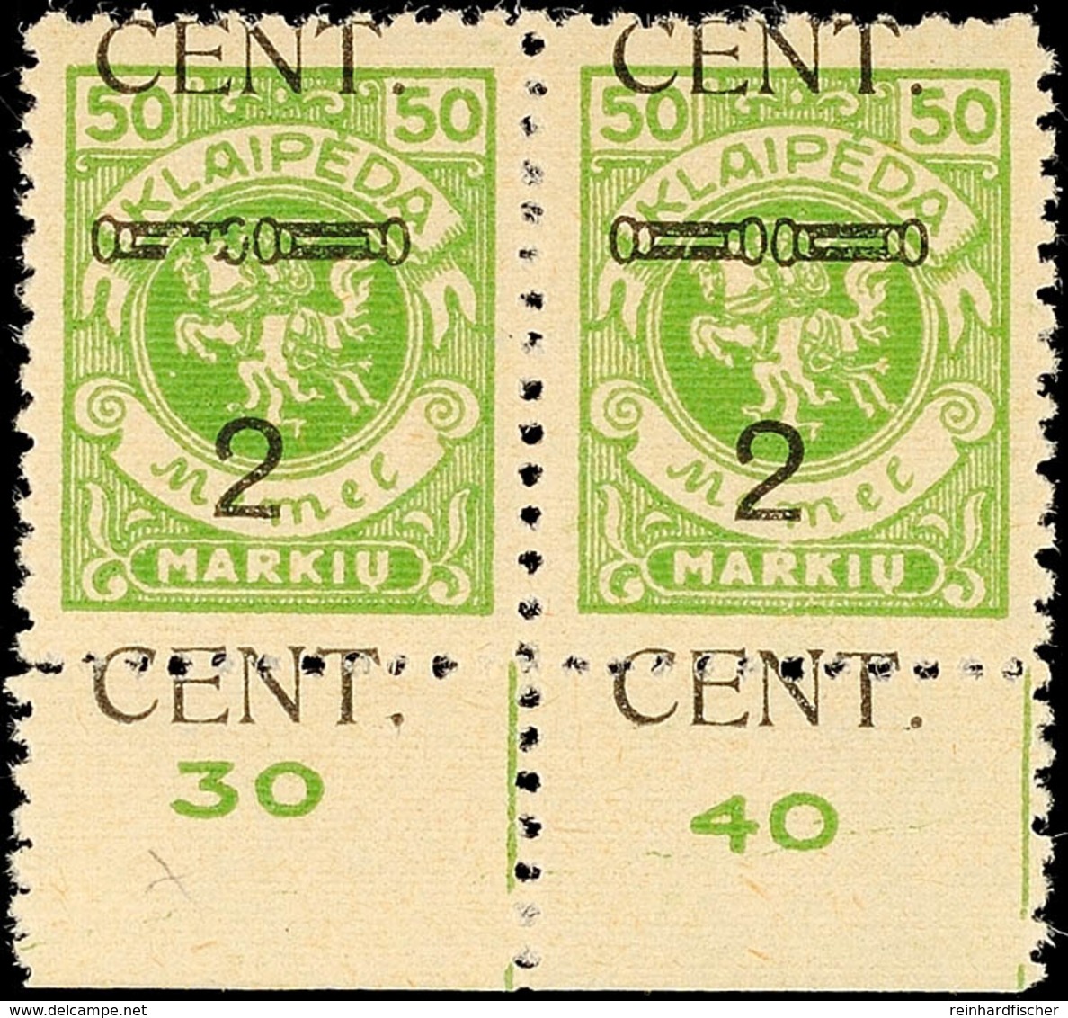 2 C Auf 50 M, Type IV, Waagr. Paar Vom Bogenunterrand, Dabei Lnke Marke Mit Plattenfehler "linker Zierbalken Zu Ca. 1/4  - Memel (Klaipeda) 1923