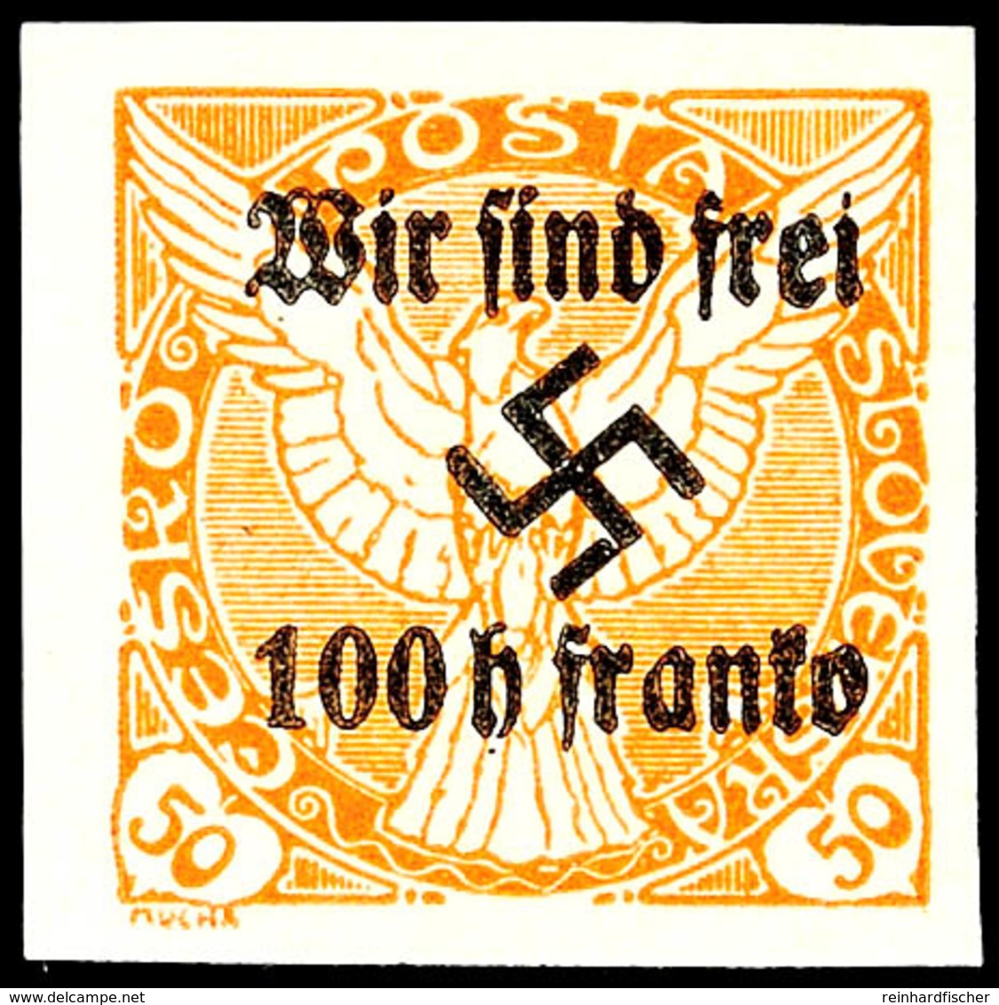 100 Heller Auf 50 Heller Zeitungsmarke Mit Aufdruck "Wir Sind Frei! + Hakenkreuz", Tadellos Ungebraucht, Geringe Auflage - Sonstige & Ohne Zuordnung