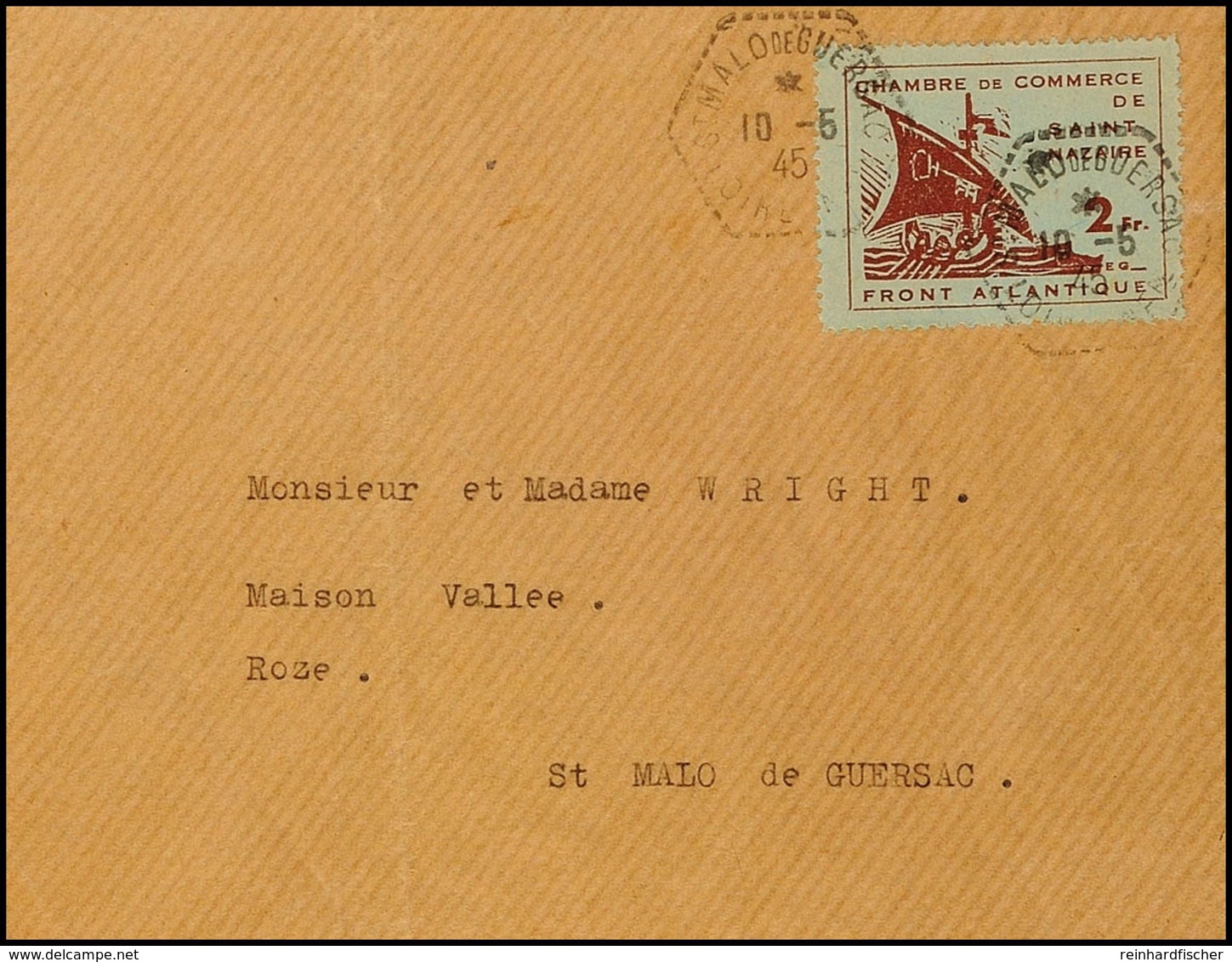 Festung St. Nazaire 2 Fr Handelskammer Auf Adressiertem Brief Ab St. Malo De Guersac 10.5.45, Kuvert Senkrechter Bug, Ma - Other & Unclassified