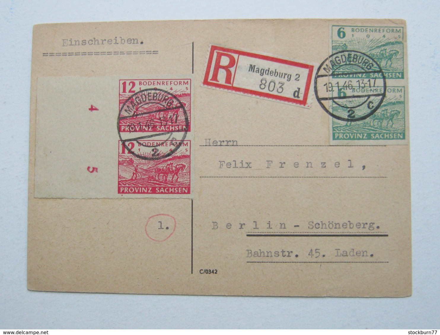 1946 , 6 + 12 Pfg. Bodenreform Im Paar , Randstück , Einschreib - Karte  Aus Magdeburg - Sonstige & Ohne Zuordnung