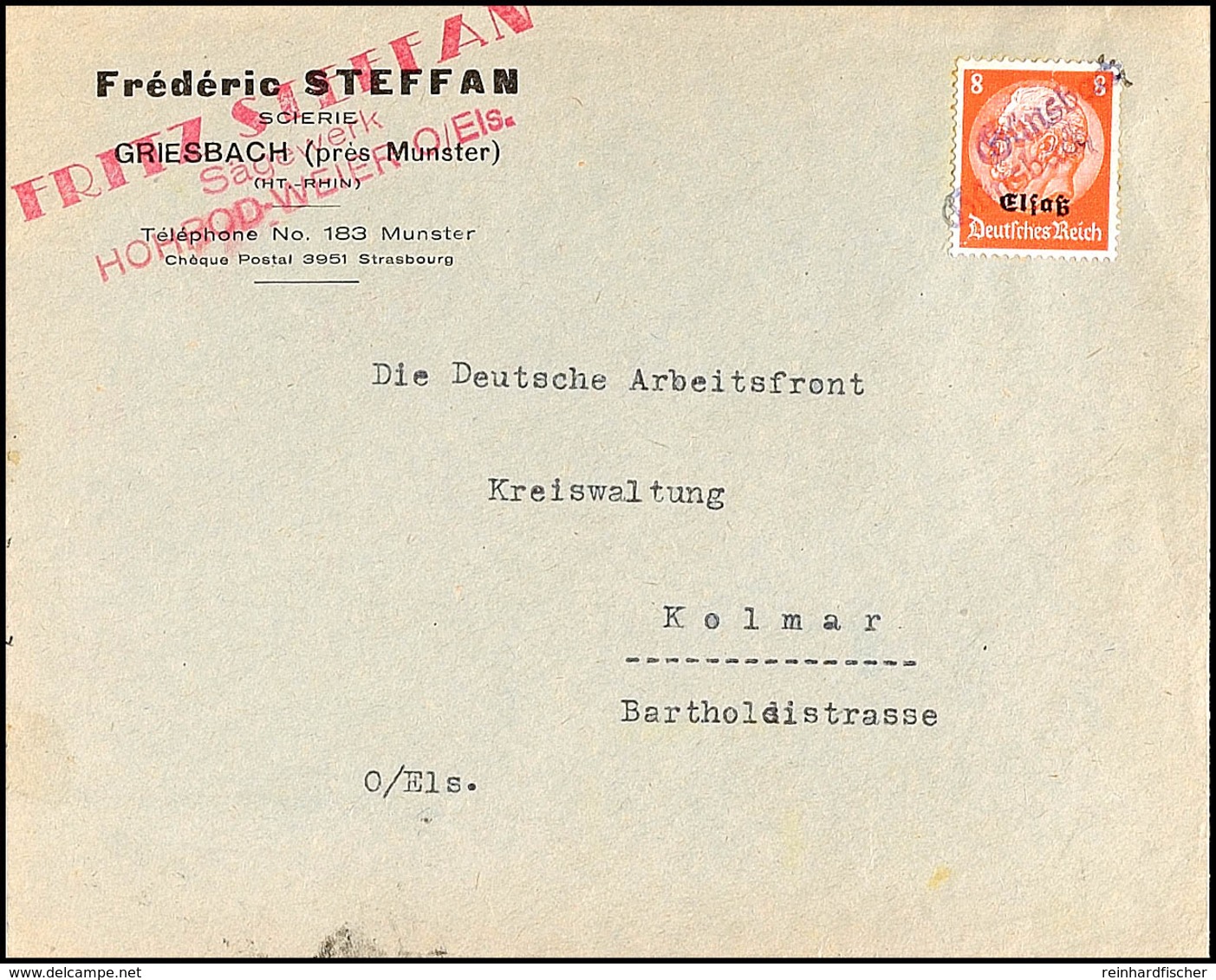 8 Pfg Hindenburg Mit Aufdruck Auf Firmenbrief Mit 2x Violettem Notstempel "Günsbach" Als Entwerter Nach Kolmar, Unterfra - Otros & Sin Clasificación