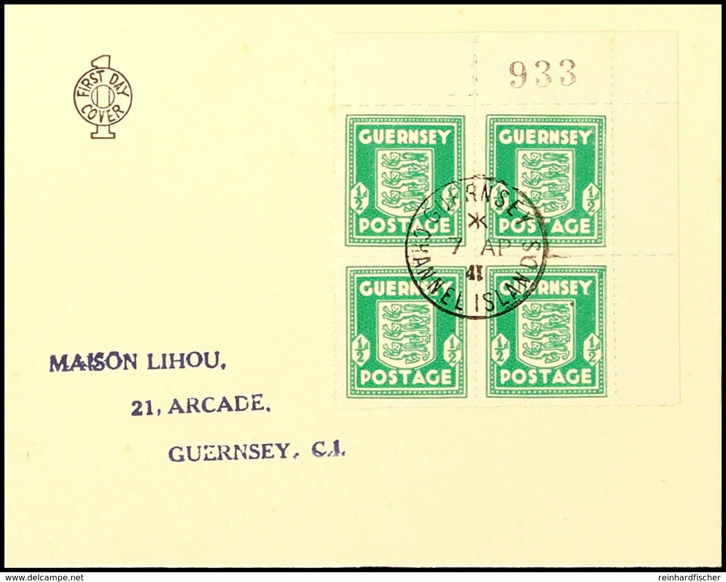1/2 D Smaragdgrün, Oberrandviererblock Mit Stpl. GUERNSEY CHANNEL ISLANDS 7.4.41 Mit Kopfstehender 1 In 41, Katalog: 1d  - Other & Unclassified