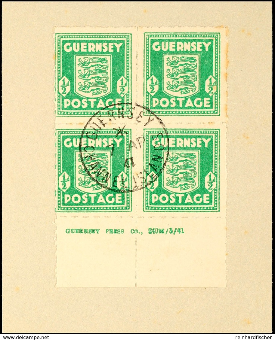 1/2 D Unterrandviererblock In Der Farbe Smaragdgrün Mit Druckvermerk (Imprint) Der 1. Auflage Mit Stpl. GUERNSEY CHANNEL - Sonstige & Ohne Zuordnung