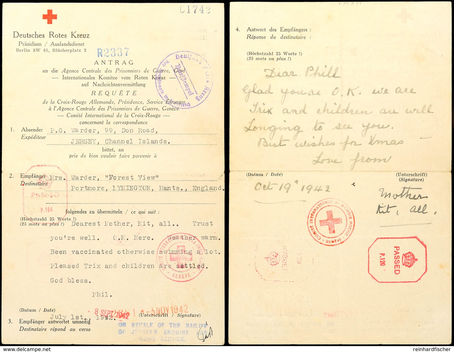 Nachrichtenübermittlung Vom 1.7.42 Auf Formular Vom Deutschen Roten Kreuz Von Jersey Nach England Und Zurück Mit Antwort - WW2