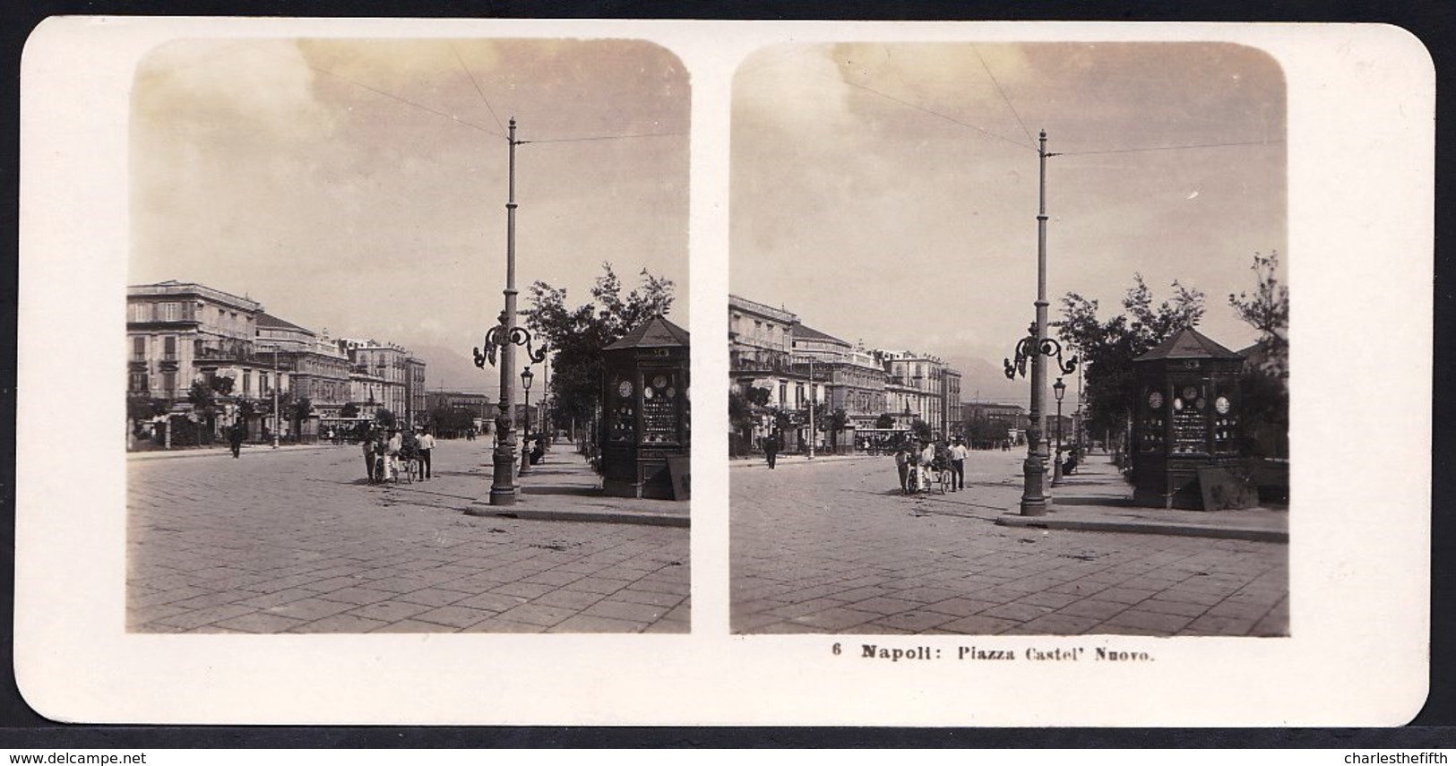 1906 VECCHIA FOTO STEREO ITALIA - CAMPANIA - ** NAPOLI ; PIAZZA CASTEL NUOVO ** RARE - Old (before 1900)