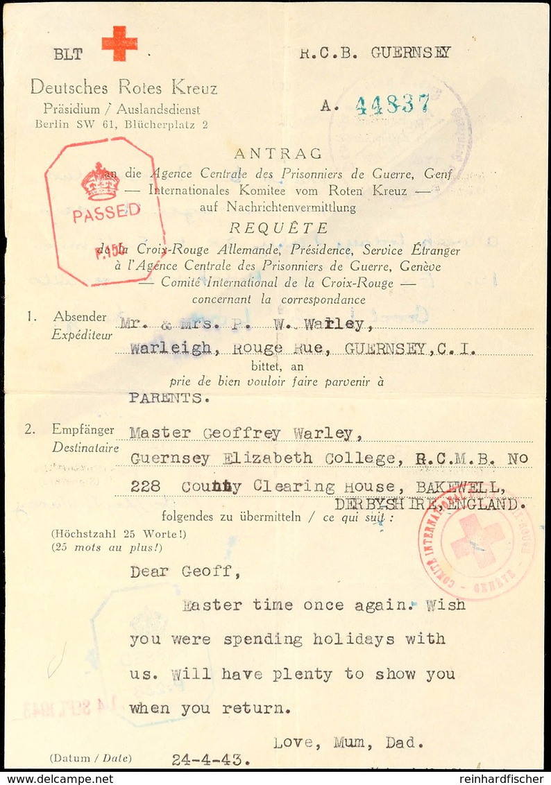 Nachrichtenübermittlung Vom 24.4.43 Auf Formular Vom Deutschen Roten Kreuz Von Guernsey Nach England Und Zurück Mit Antw - 2. WK