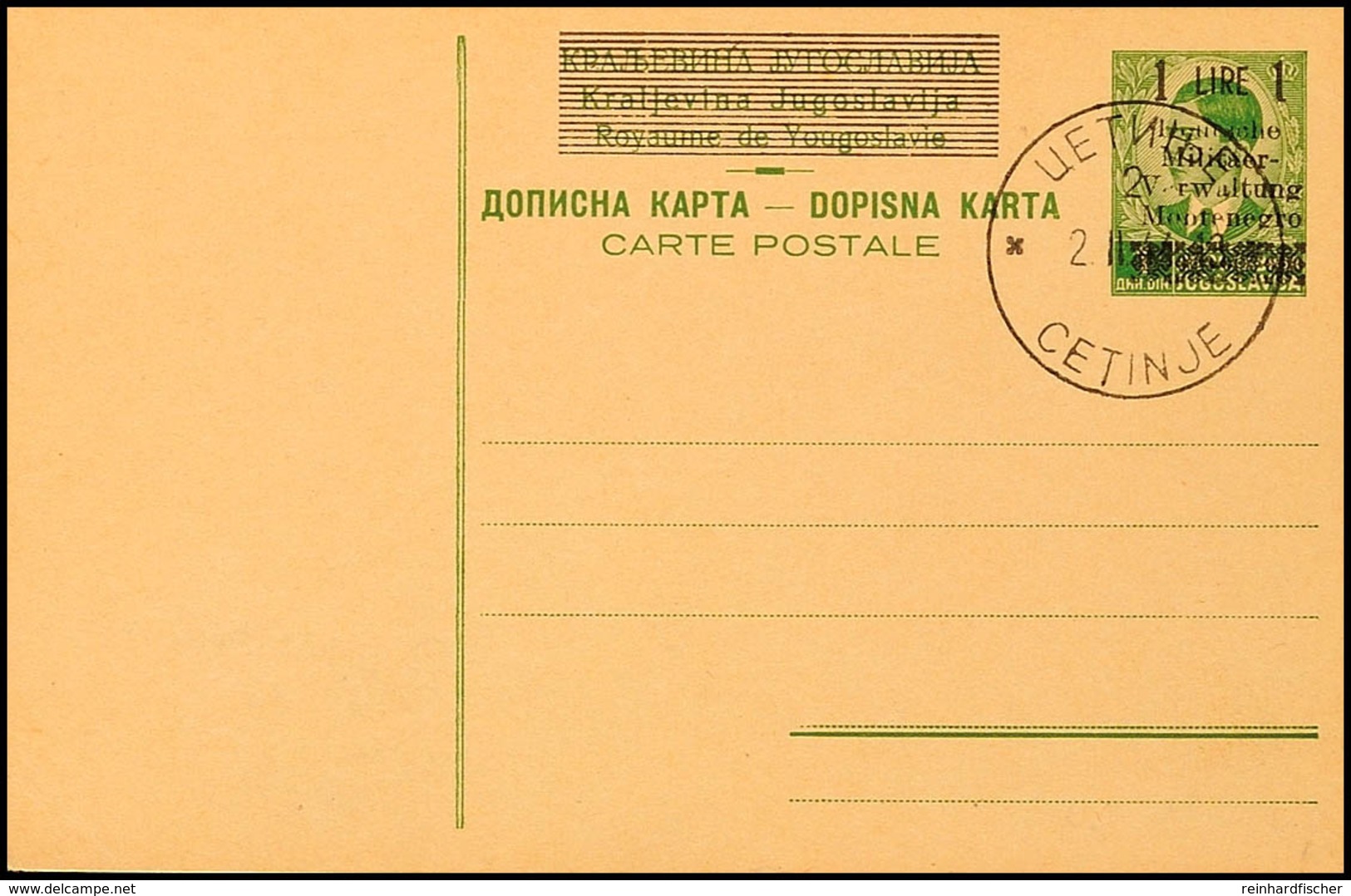 Montenegro 1943, 1 L Aufdruckganzsachenkarte, Blanko Gestempelt Cetinje 2.2.44, Katalog: P1 BF - Deutsche Bes.: Montenegro