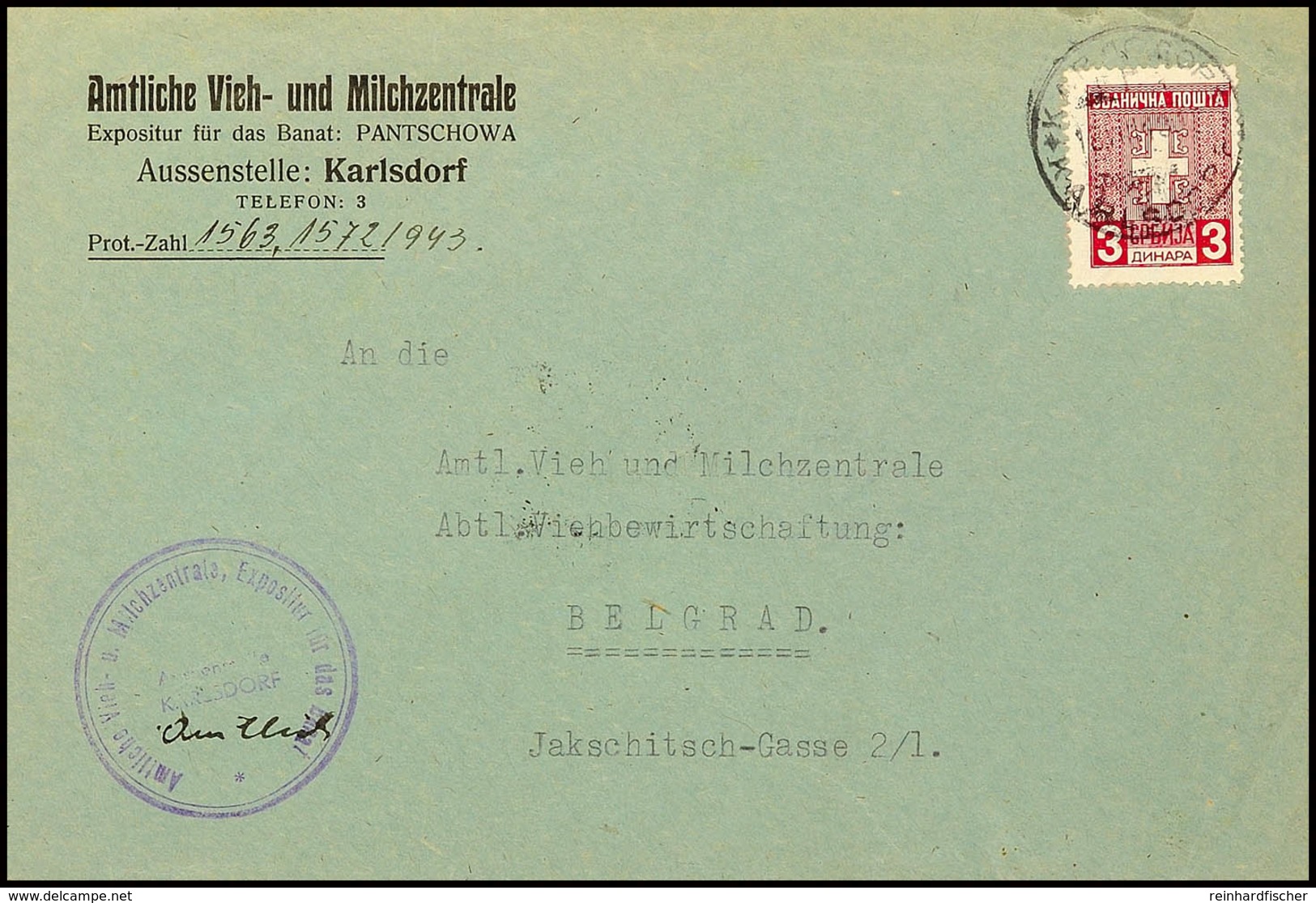 Dienstmarke über 3 Din. Auf Portogerechtem Inlandsbrief Der Amtlichen Vieh- Und Milchzentral, Aussenstelle Karlsdorf, Na - WW2