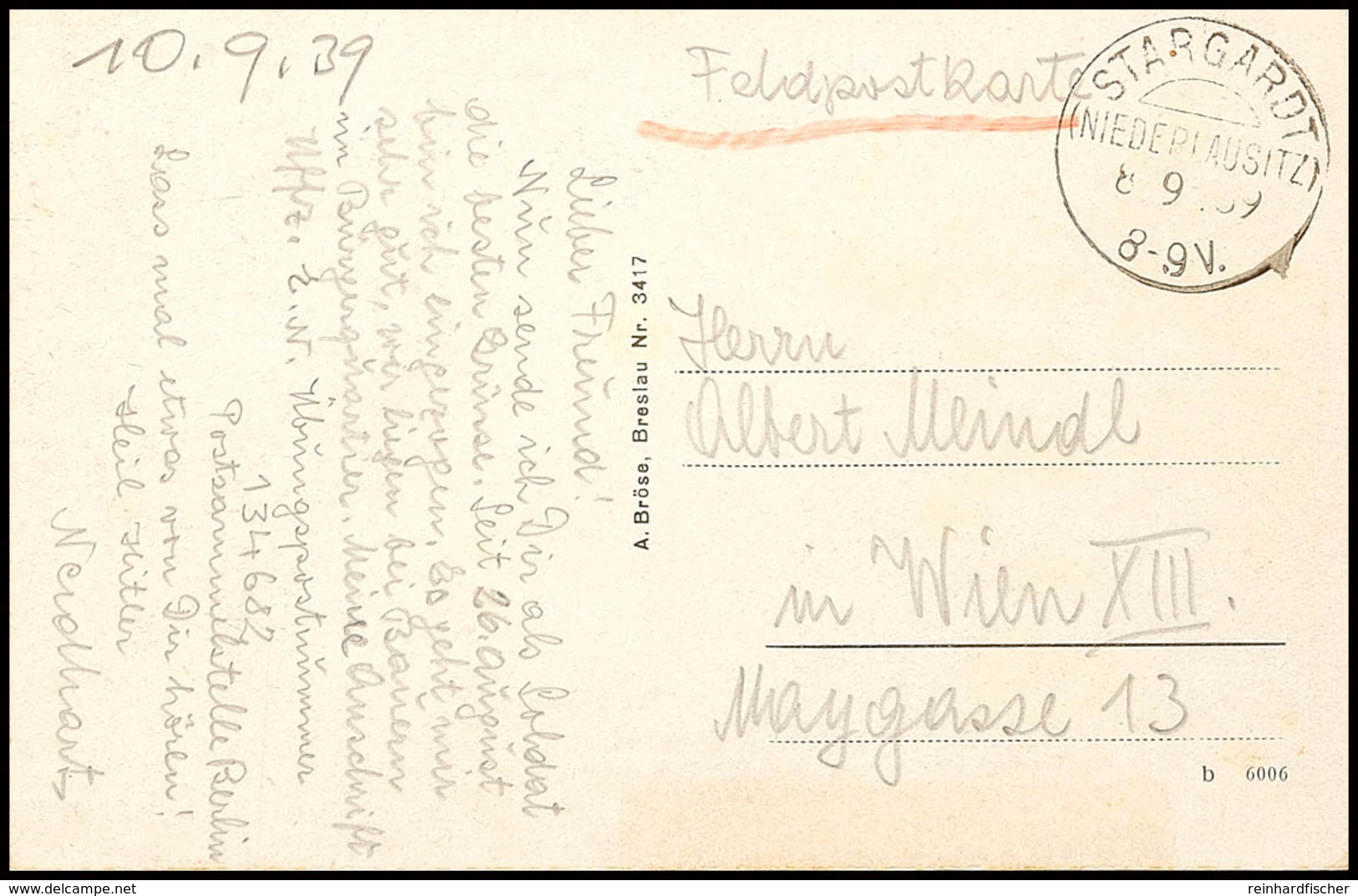 1939, Feldpost-Ansichtskarte Aus STARGARDT 8.9.39 Mit Interessanten Text Und Absenderangabe "Übungspostnummer 134682 Pos - Other & Unclassified