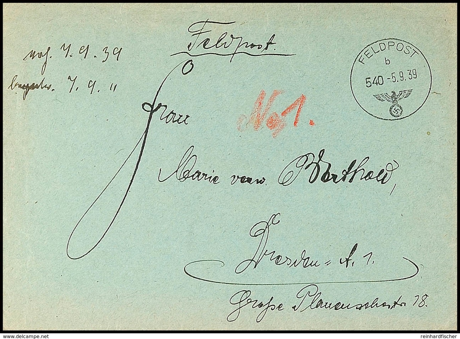 1939, Feldpostbrief Mit Normstempel "b 540 5.9.539" Und Rückseitiger Absenderangaben"...Postsammelstelle Dresden" Nach D - Altri & Non Classificati