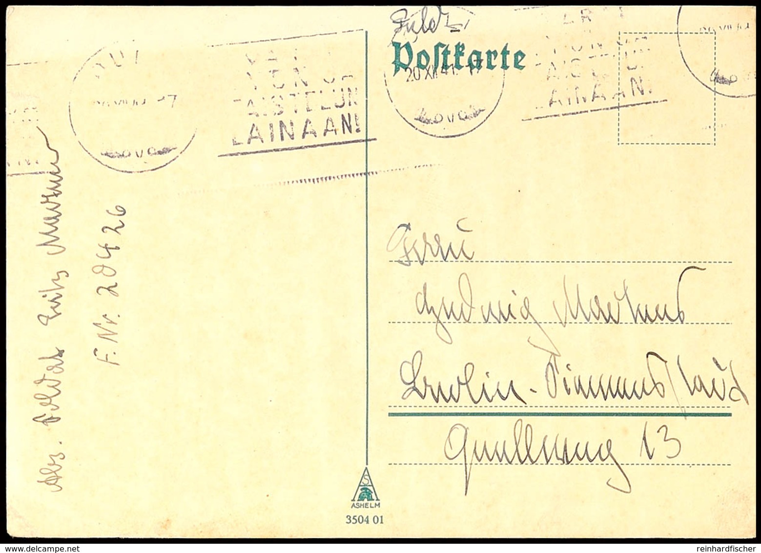 1941, Feldpostkarte Eines Dt. Soldaten Mit Komplettem Absendervermerk über Die Finn. Post Nach Berlin, Feiner Bedarf  BF - Andere & Zonder Classificatie