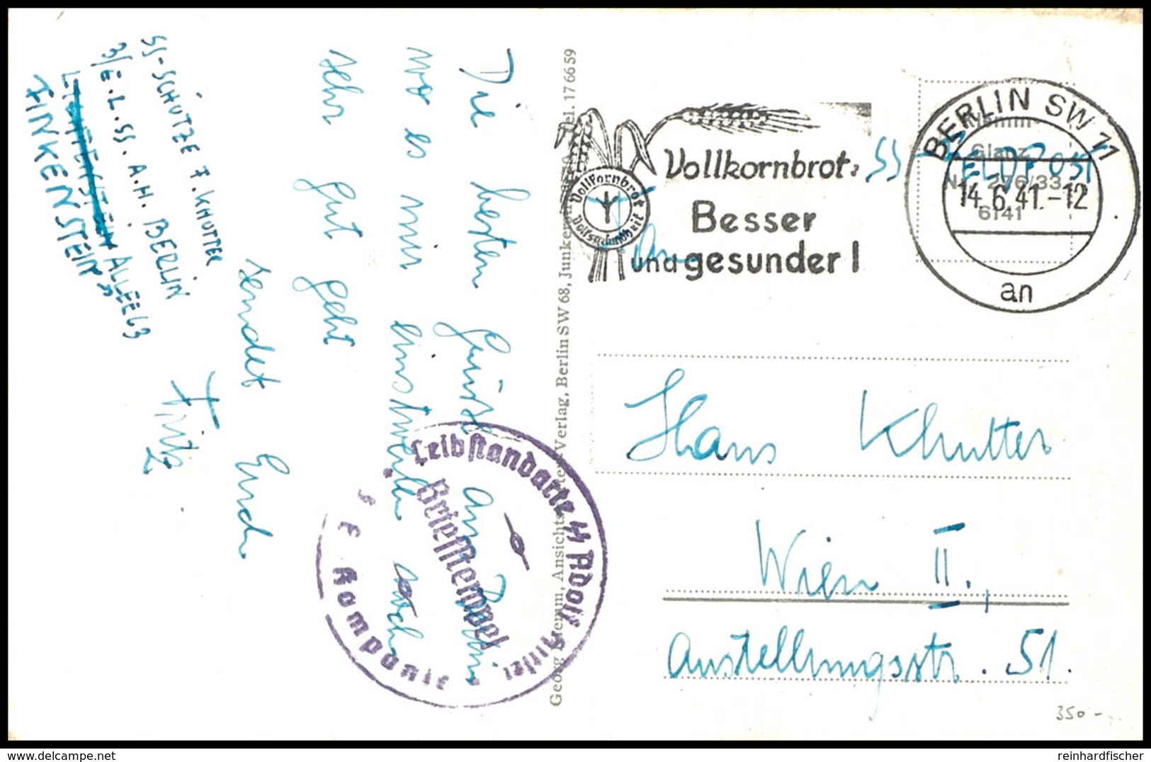 1941, "Leibstandarte SS Adolf Hitler", Einheitsstempel Auf Ansichtskarte Von "BERLIN 14.6.41" Nach Wien, Gute Erhaltung, - Other & Unclassified