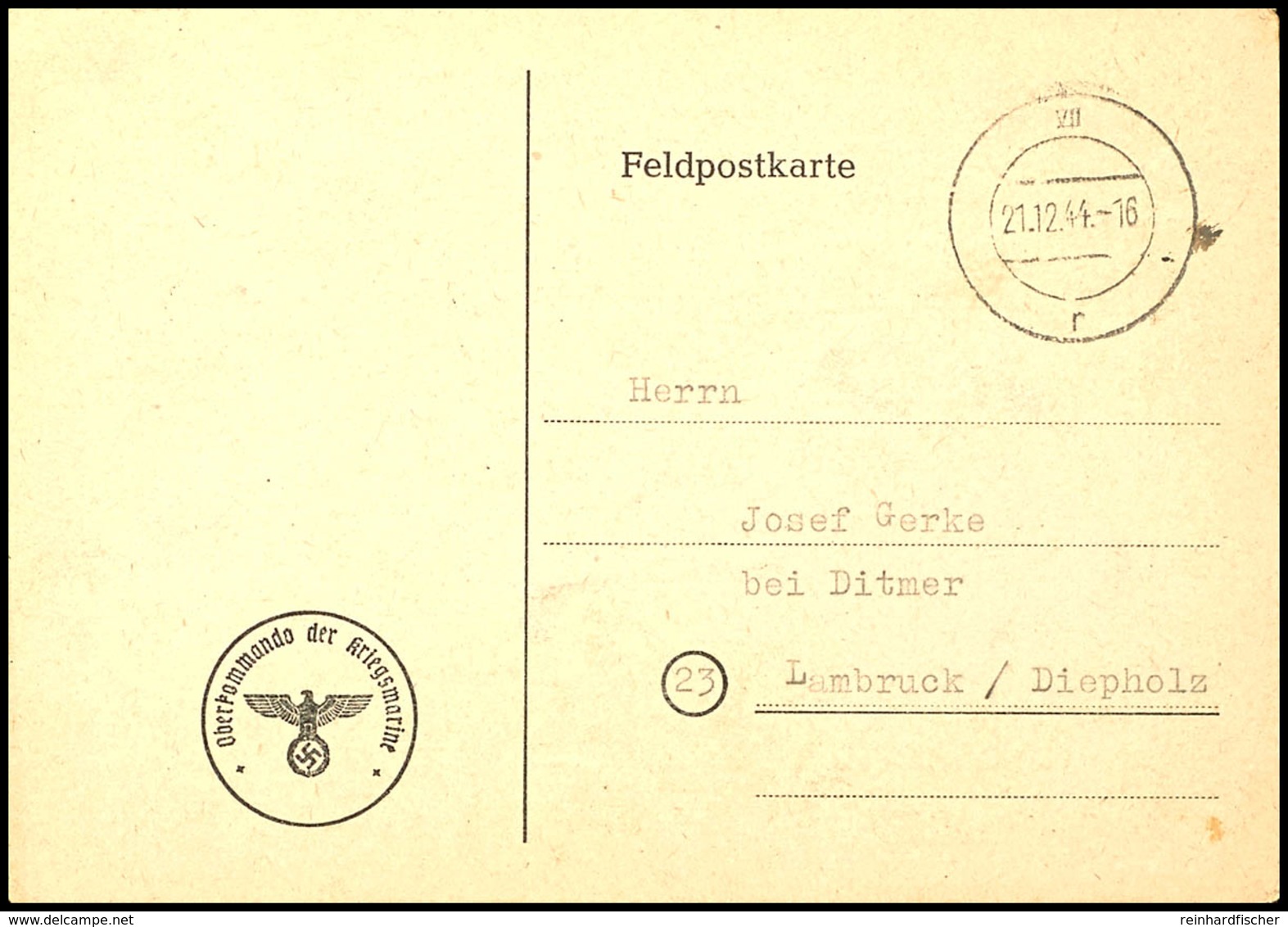 1944, Festung St. Nazaire, Funknachrichtenkarte Mit Aptiertem Poststempel "VII R 21.12.44" Nach Lambruck Bei Diepholz, G - Sonstige & Ohne Zuordnung