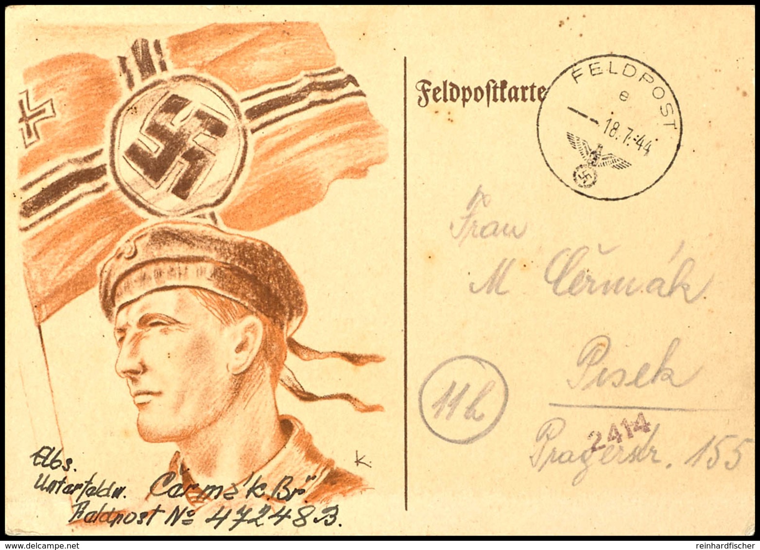 1944, Tschechische Einheiten, Propagandakarte "Matrose Vor Reichskriegsflagge" Mit Normstempel "e 18.7.44" Nach Pesek /  - Otros & Sin Clasificación