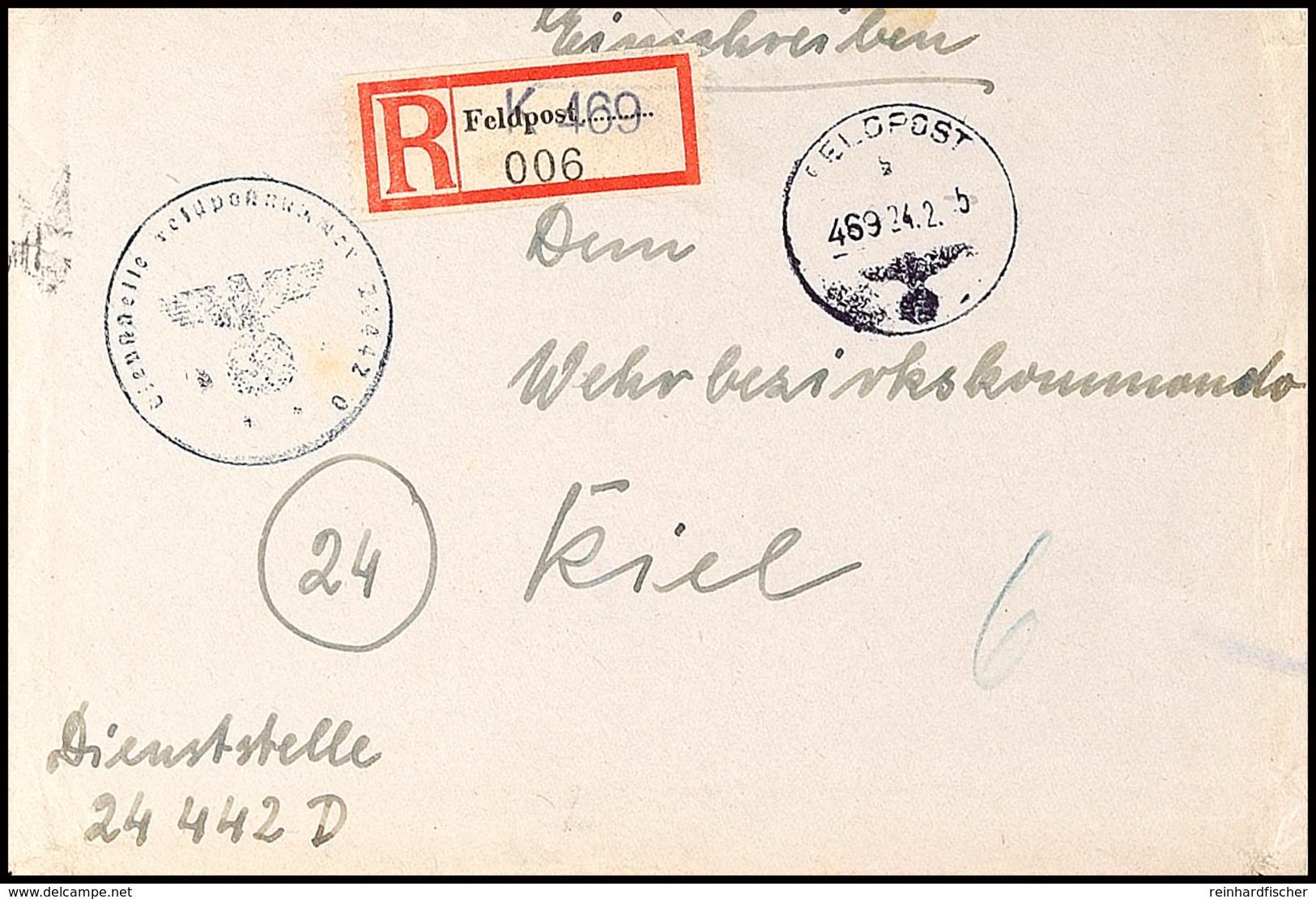 1945, Einschreiben-Dienstbrief Mit Feldpost-Normstempel B 469 24.2. Und Entsprechendem R-Zettel Sowie Briefstempel "2444 - Sonstige & Ohne Zuordnung