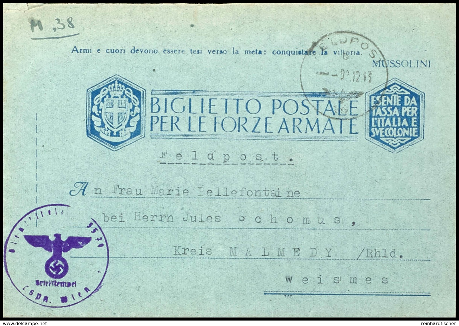 Belgier In Der Wehrmacht, 1943, Volksdeutscher, Ital. Feldpostkartenbrief Mit Normstempel "b 2.12." Sowie Absender- Und  - Sonstige & Ohne Zuordnung