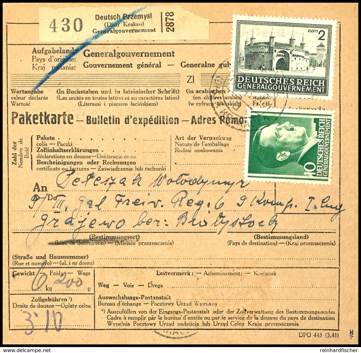 Galizier In Der Wehrmacht, 1943, Frankierte Paketkarte Aus PRZEMYSI 16.9 An Einem Galizischen SS-Freiwilligen Bei Der 9. - Andere & Zonder Classificatie