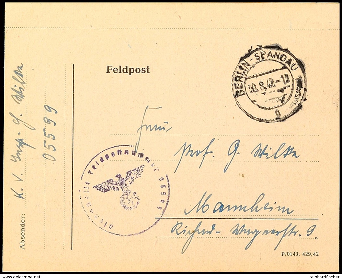 ARABER: 1942, Feldpostkarten-Brief Eines Dt. Soldaten Aus "BERLIN-SPANDAU 30.8." Nach Mannheim, Briefstempel Und Absende - Sonstige & Ohne Zuordnung